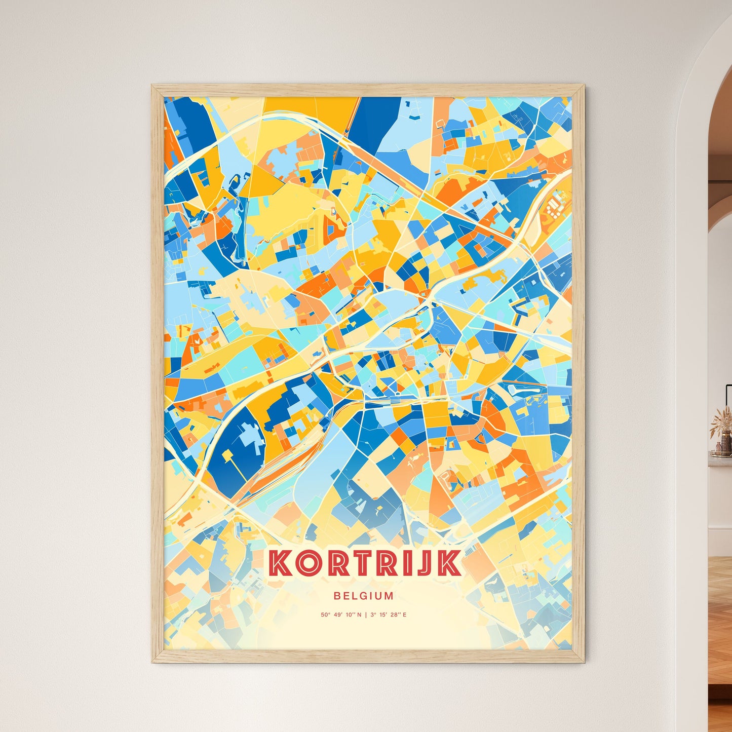 Colorful KORTRIJK BELGIUM Fine Art Map Blue Orange