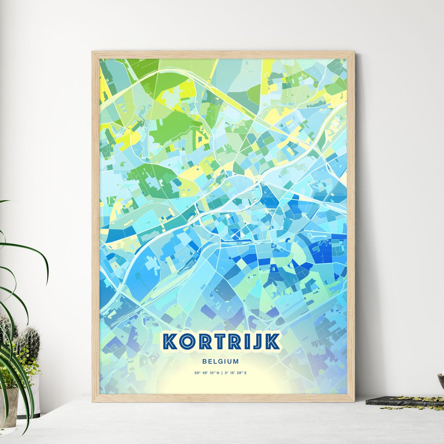 Colorful KORTRIJK BELGIUM Fine Art Map Cool Blue