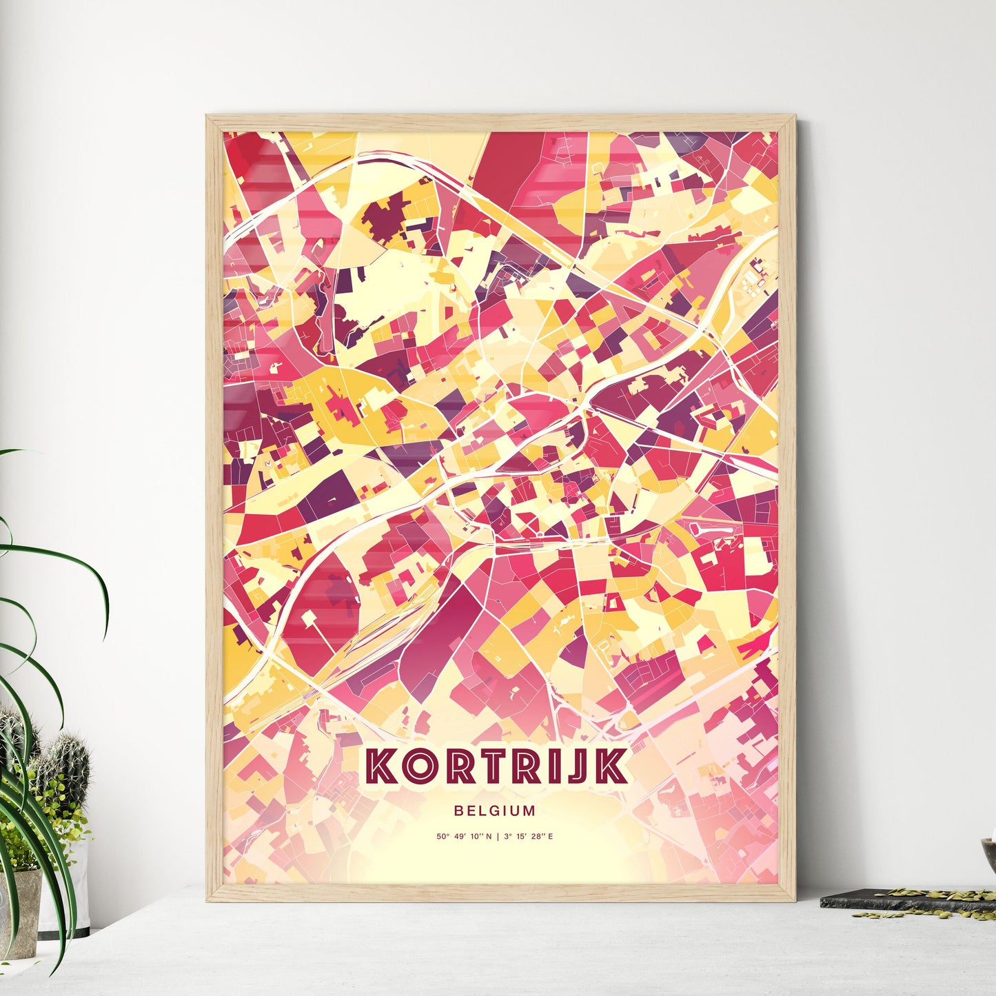 Colorful KORTRIJK BELGIUM Fine Art Map Hot Red