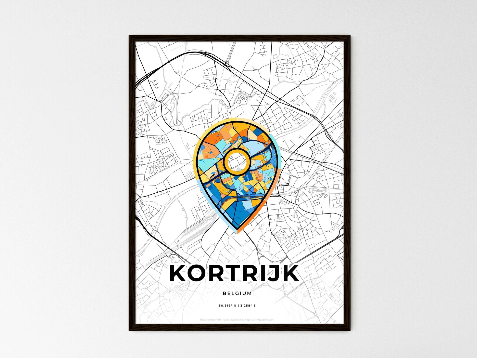 Kortrijk Belgium wedding art map with pointer icon