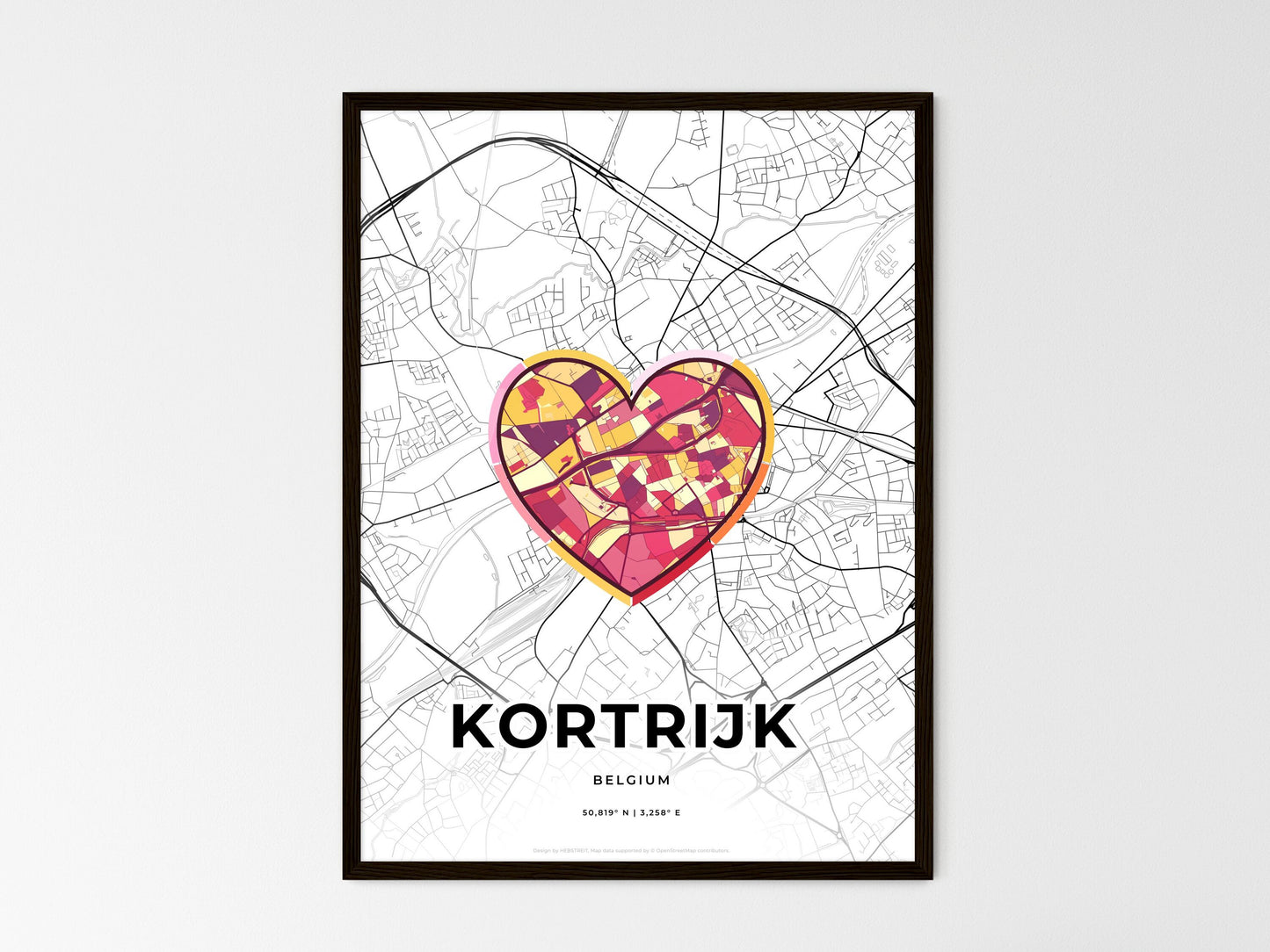 Kortrijk Belgium wedding art map with heart icon