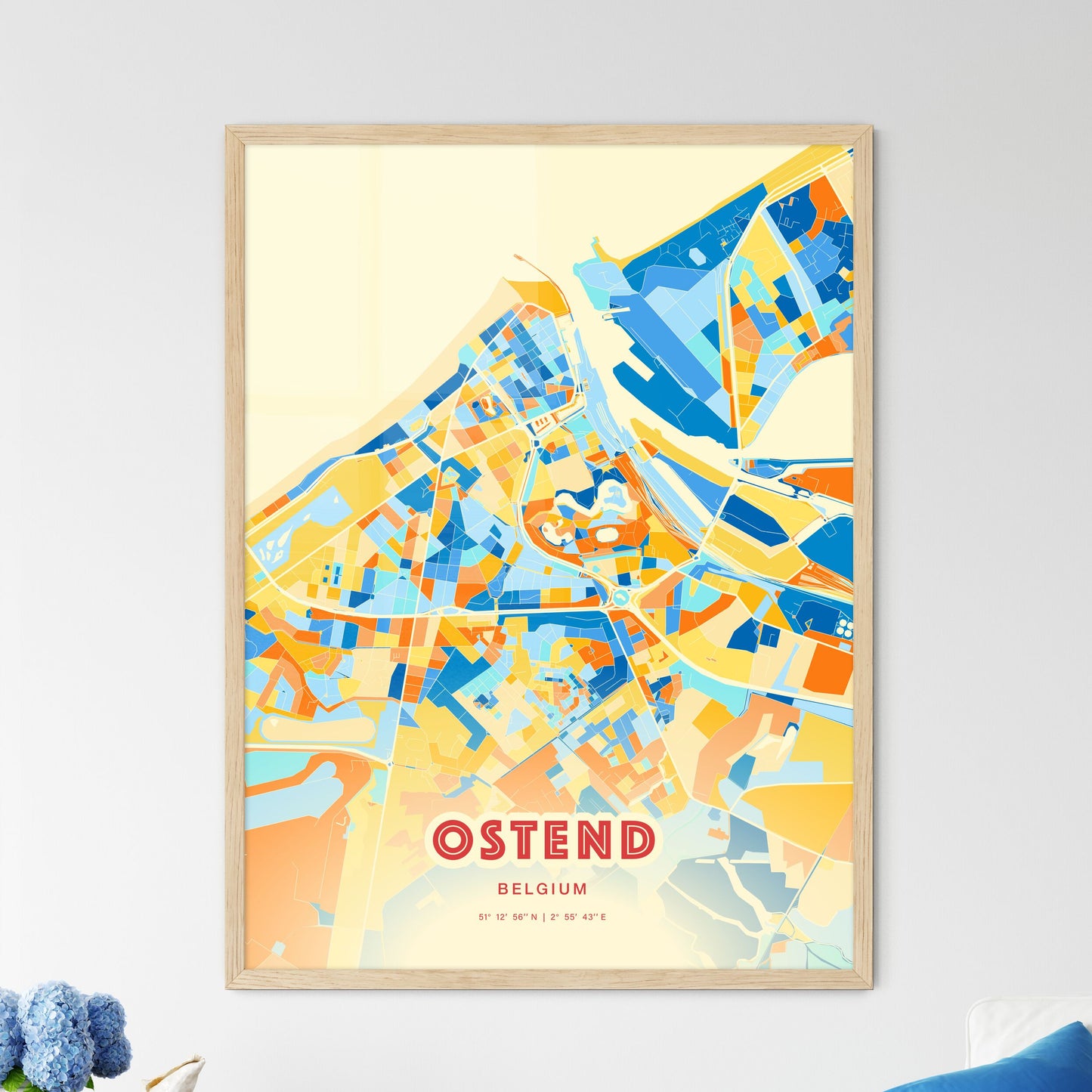 Colorful OSTEND BELGIUM Fine Art Map Blue Orange