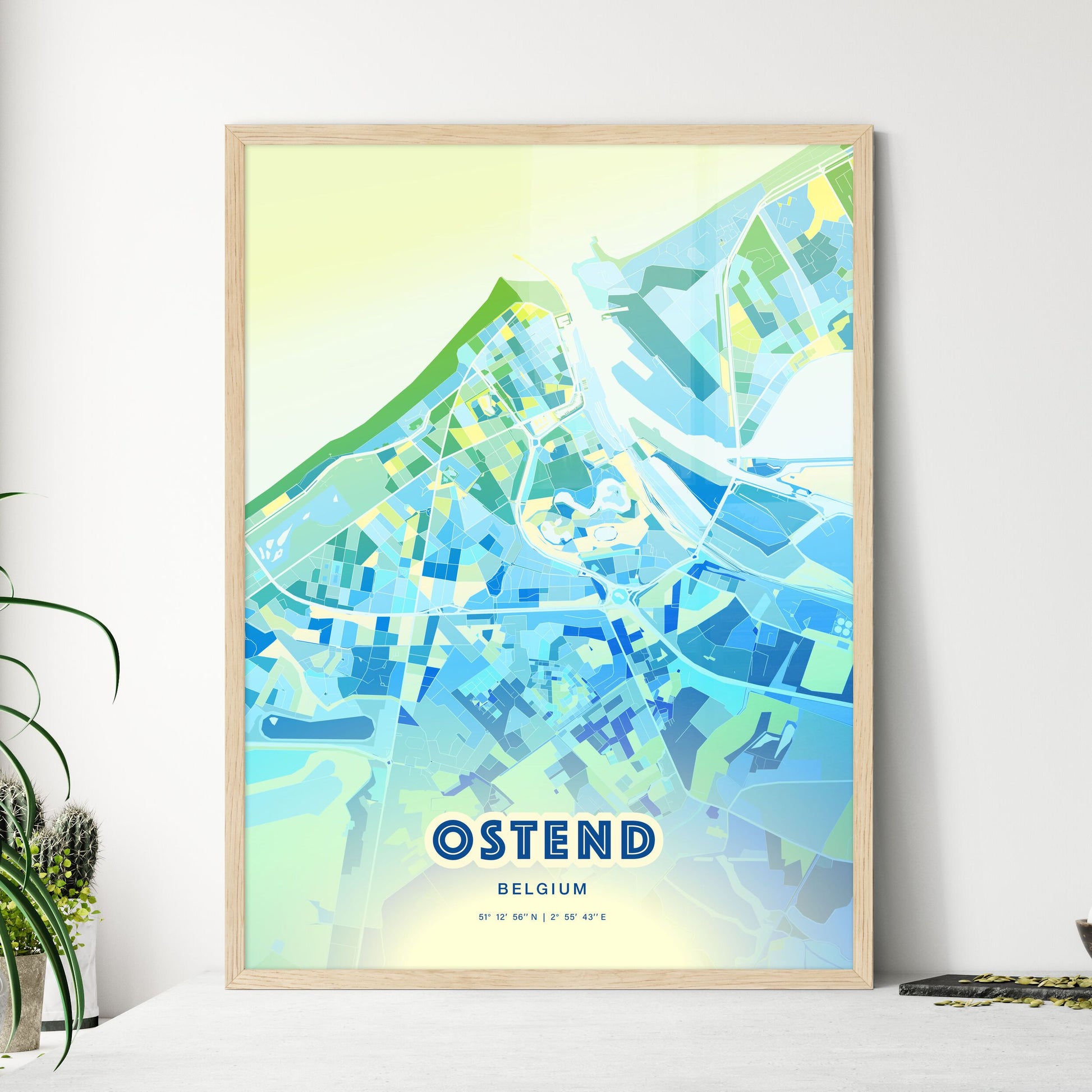 Colorful OSTEND BELGIUM Fine Art Map Cool Blue