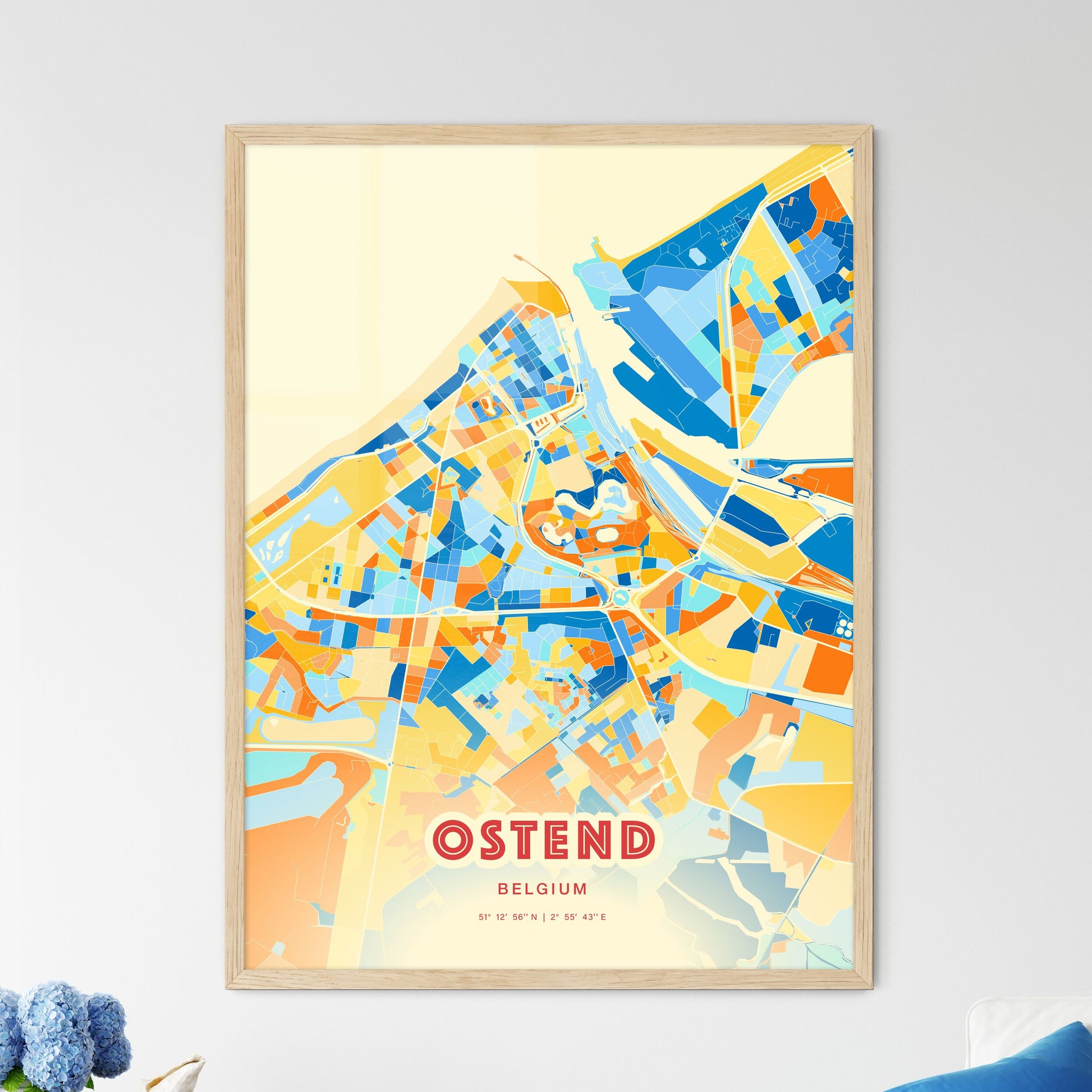 Colorful Ostend Belgium Fine Art Map Blue Orange
