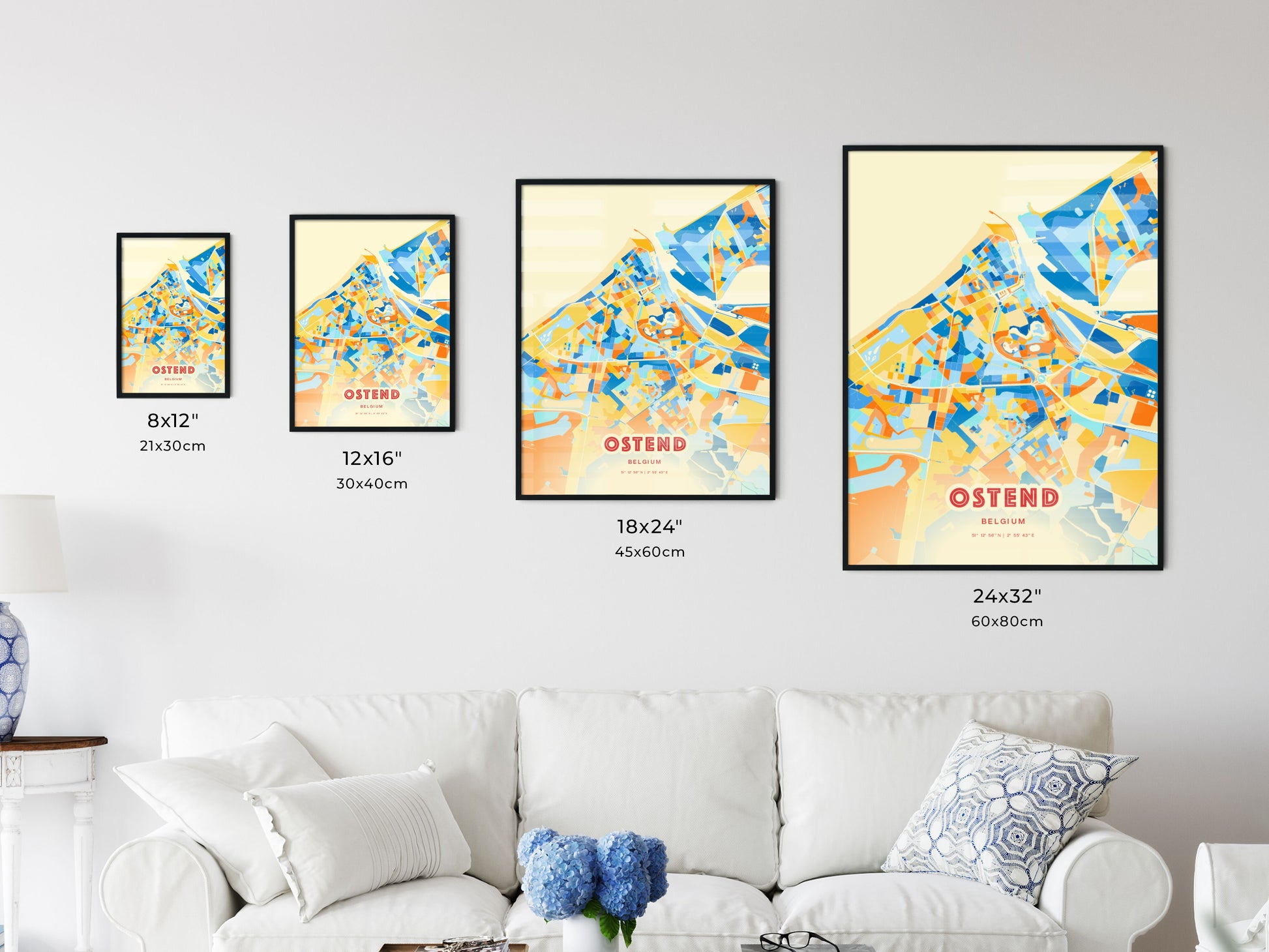 Colorful OSTEND BELGIUM Fine Art Map Blue Orange