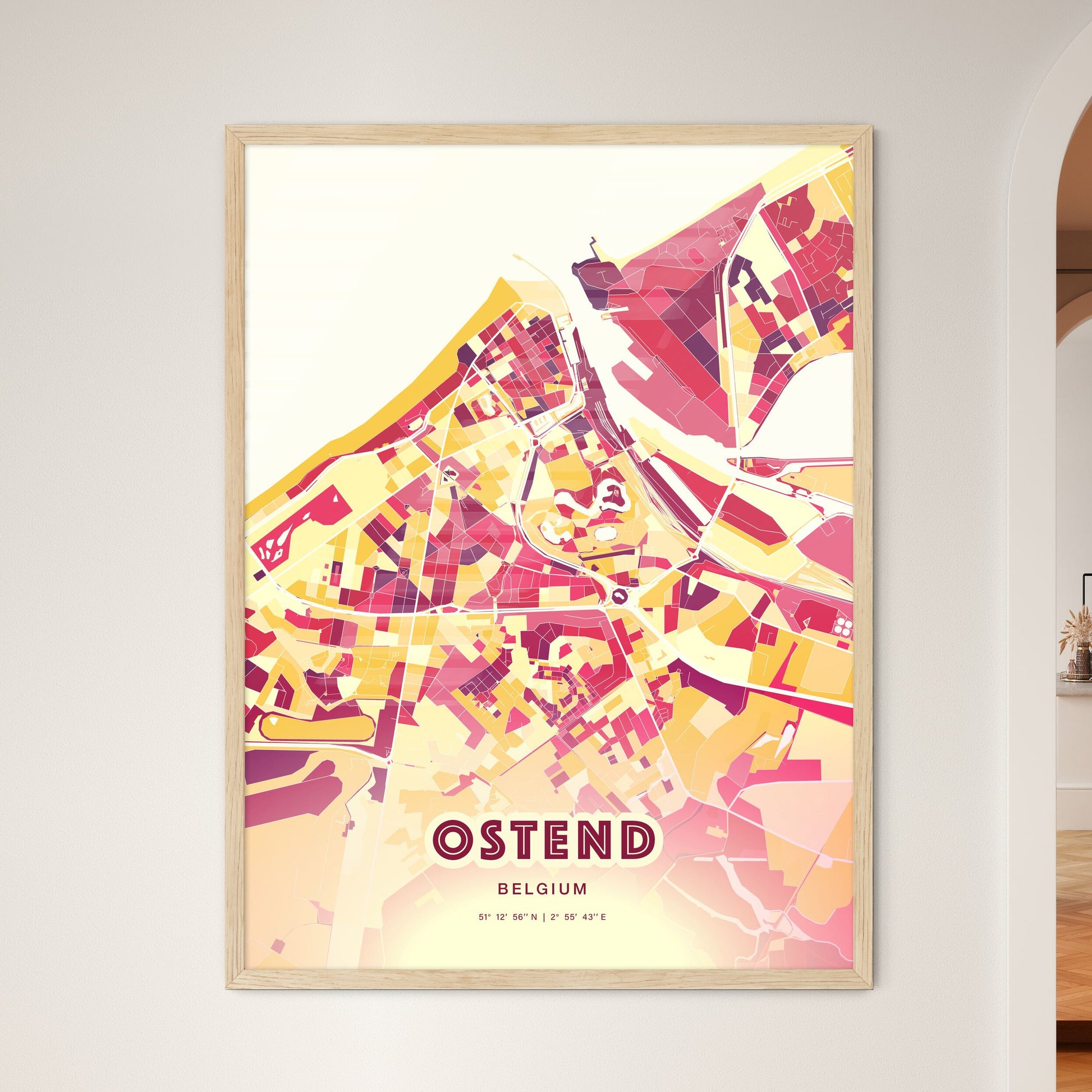 Colorful OSTEND BELGIUM Fine Art Map Hot Red