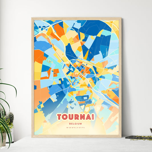 Colorful TOURNAI BELGIUM Fine Art Map Blue Orange