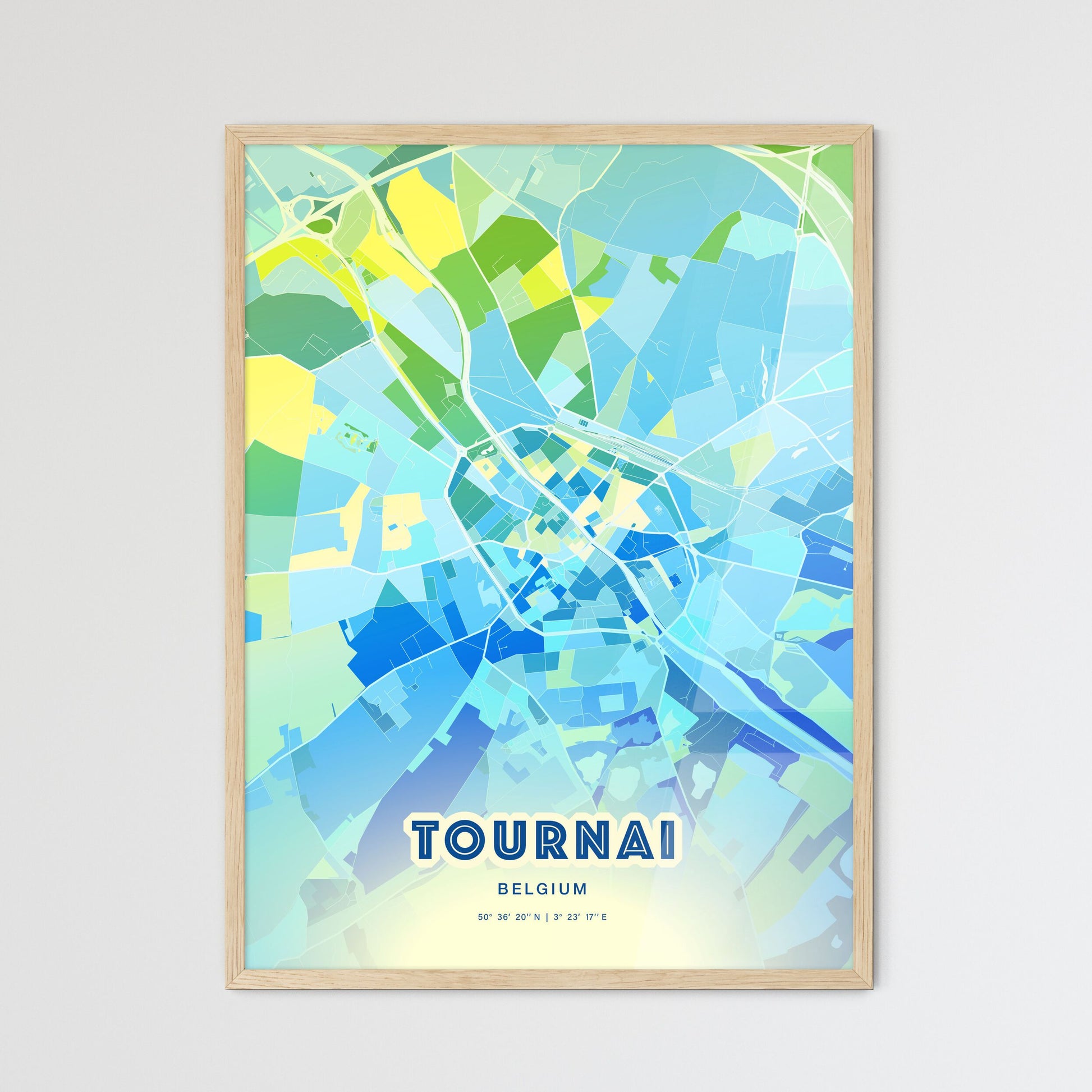 Colorful TOURNAI BELGIUM Fine Art Map Cool Blue