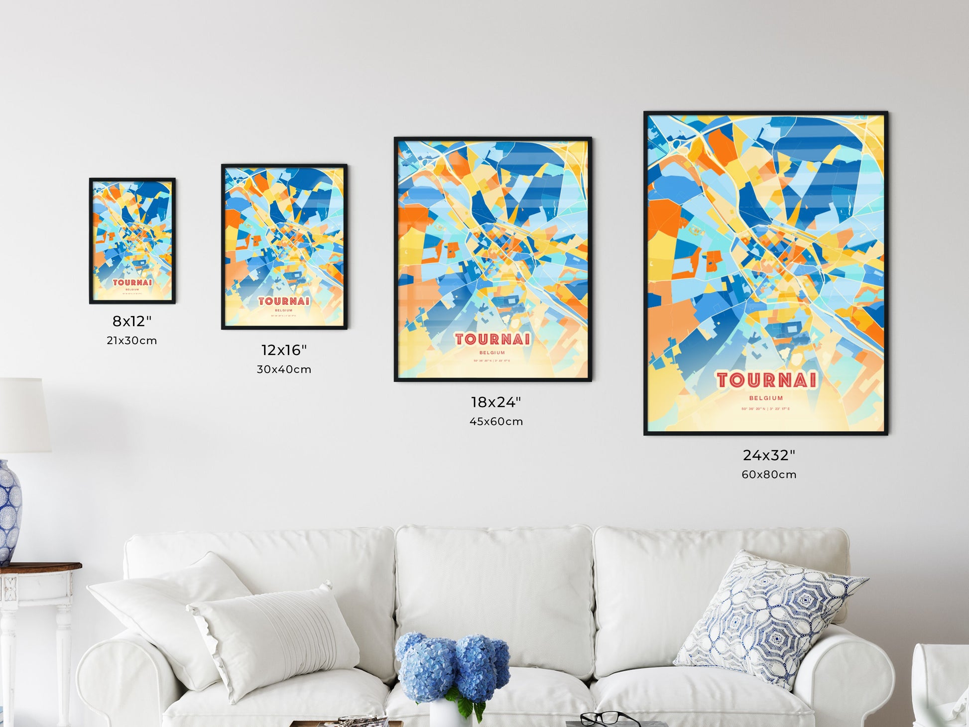 Colorful TOURNAI BELGIUM Fine Art Map Blue Orange