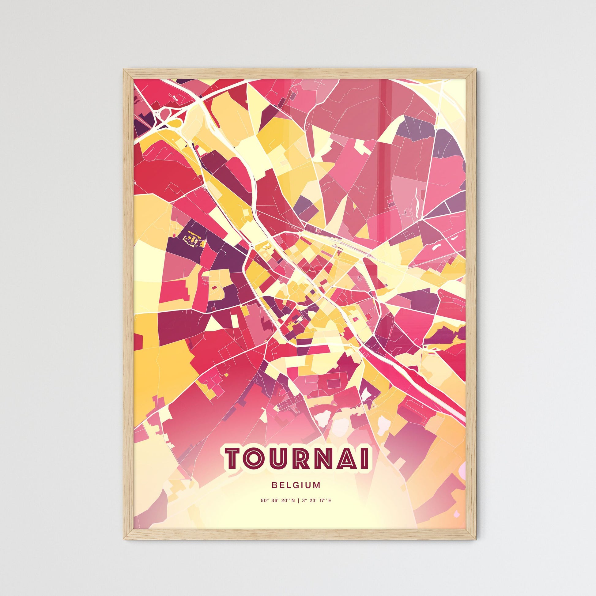 Colorful TOURNAI BELGIUM Fine Art Map Hot Red