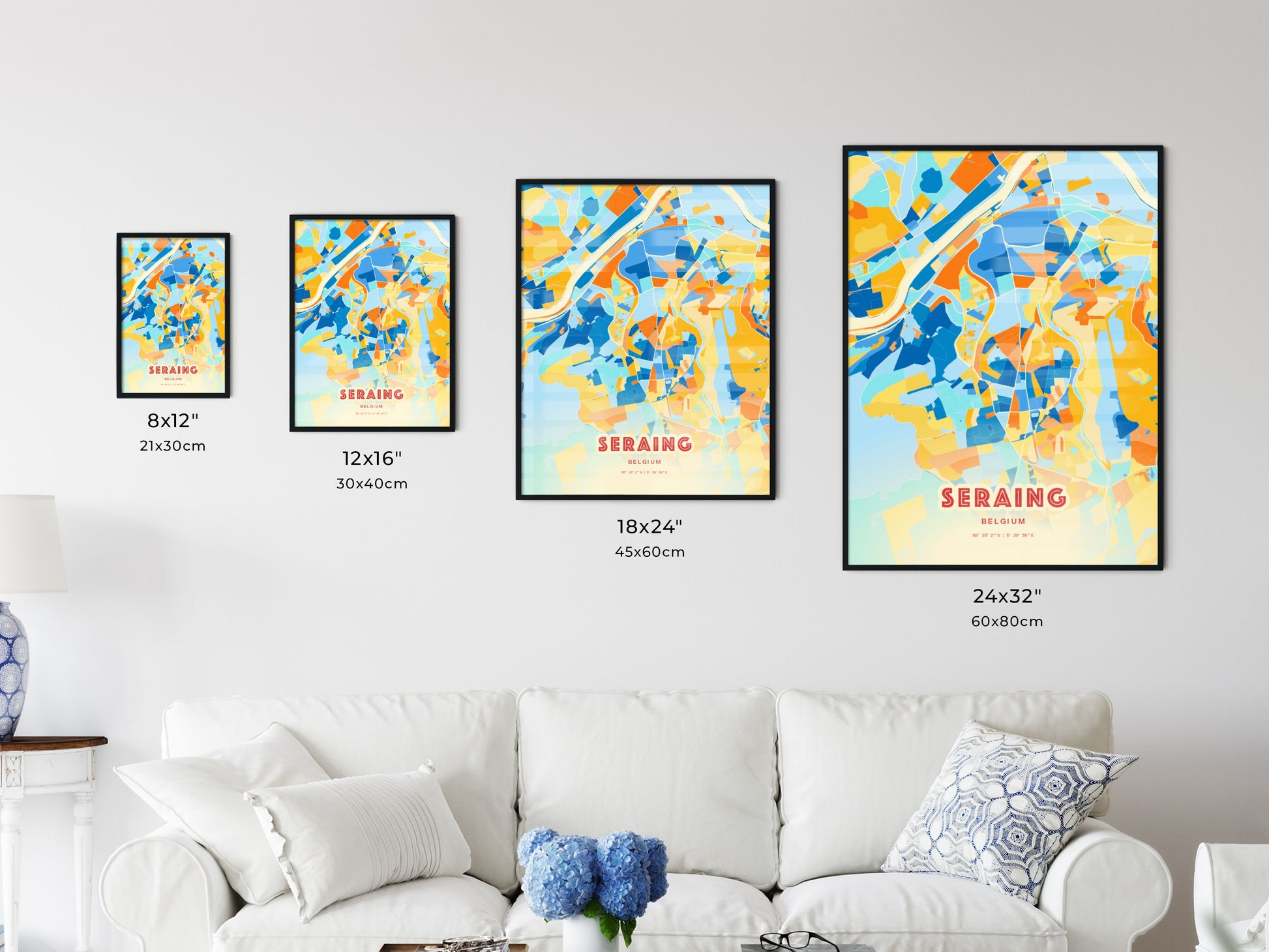 Colorful SERAING BELGIUM Fine Art Map Blue Orange