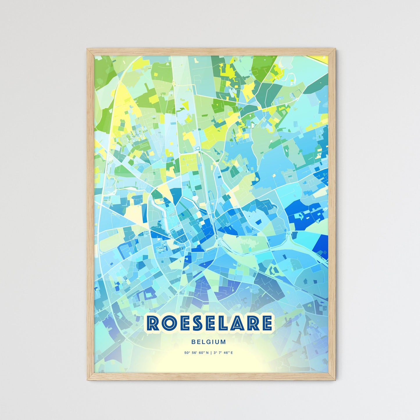 Colorful ROESELARE BELGIUM Fine Art Map Cool Blue