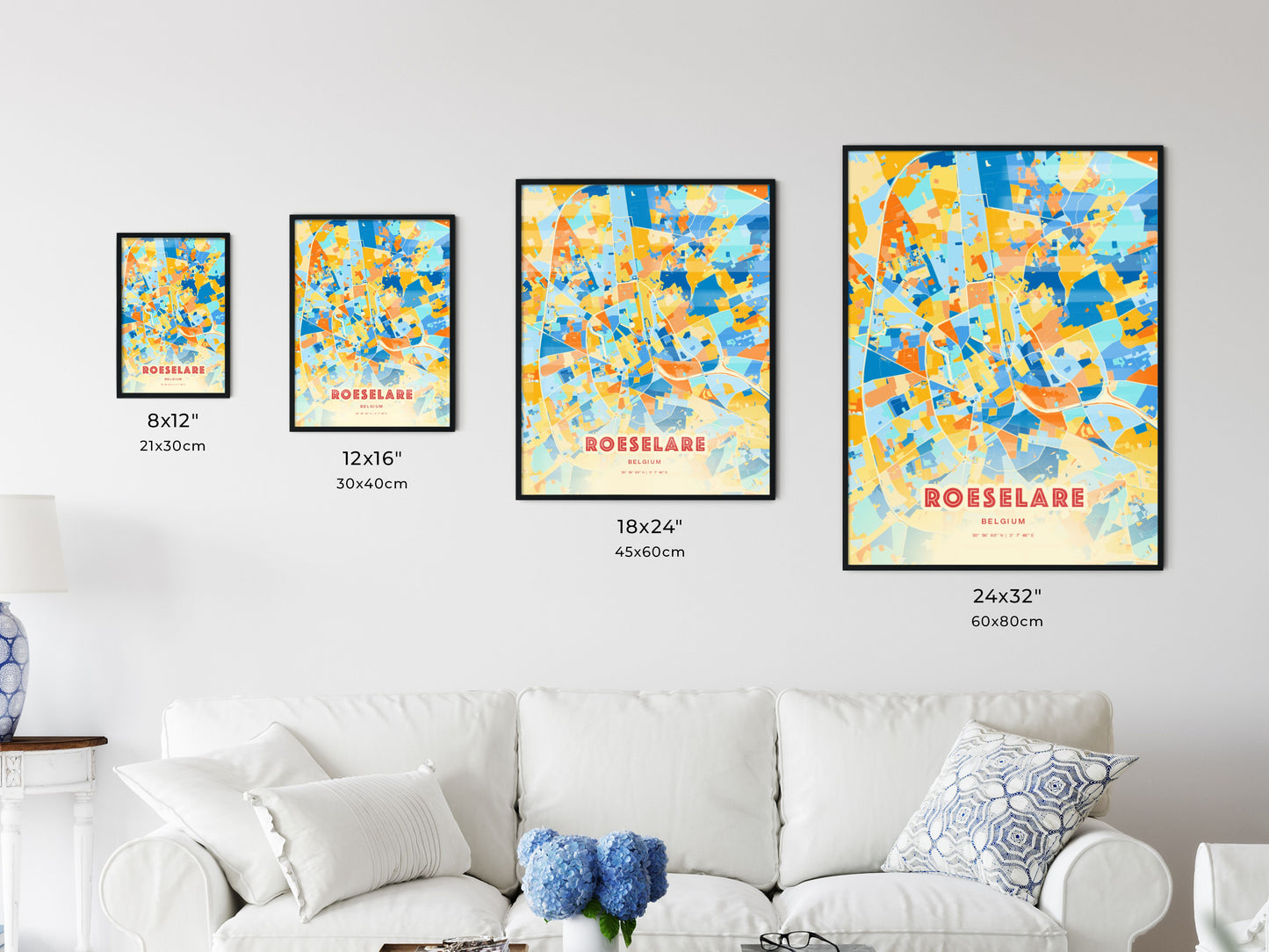 Colorful ROESELARE BELGIUM Fine Art Map Blue Orange