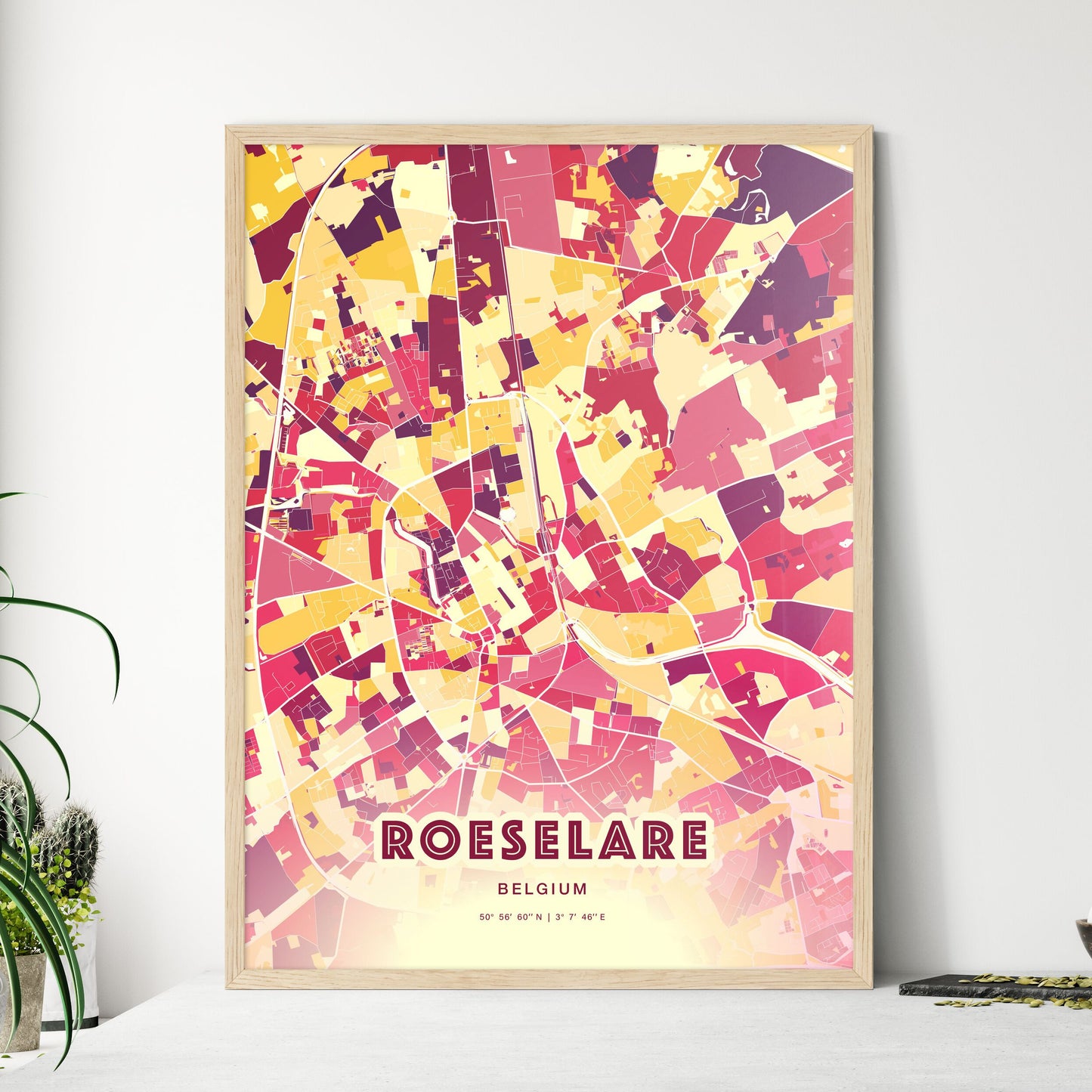 Colorful ROESELARE BELGIUM Fine Art Map Hot Red