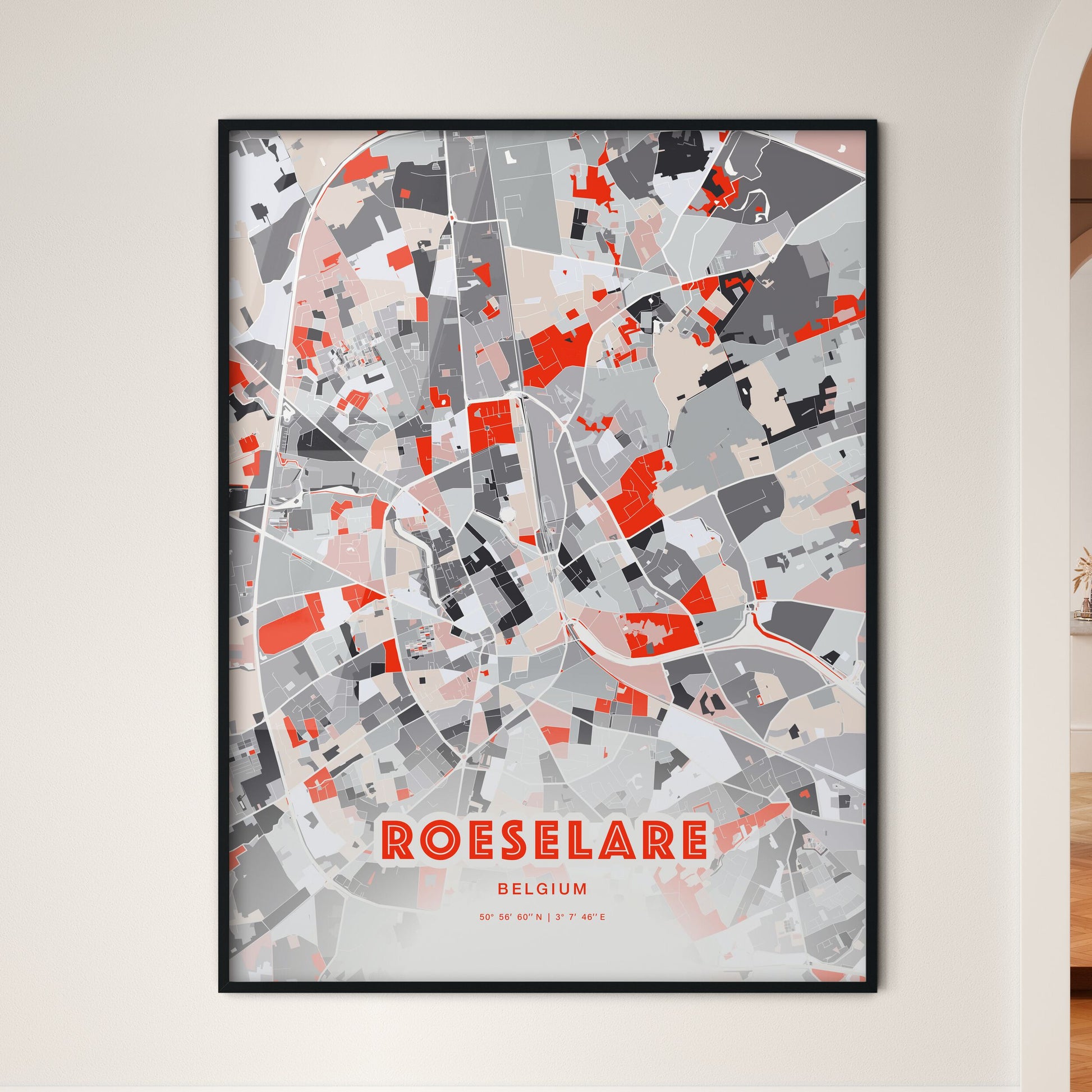 Colorful ROESELARE BELGIUM Fine Art Map Modern