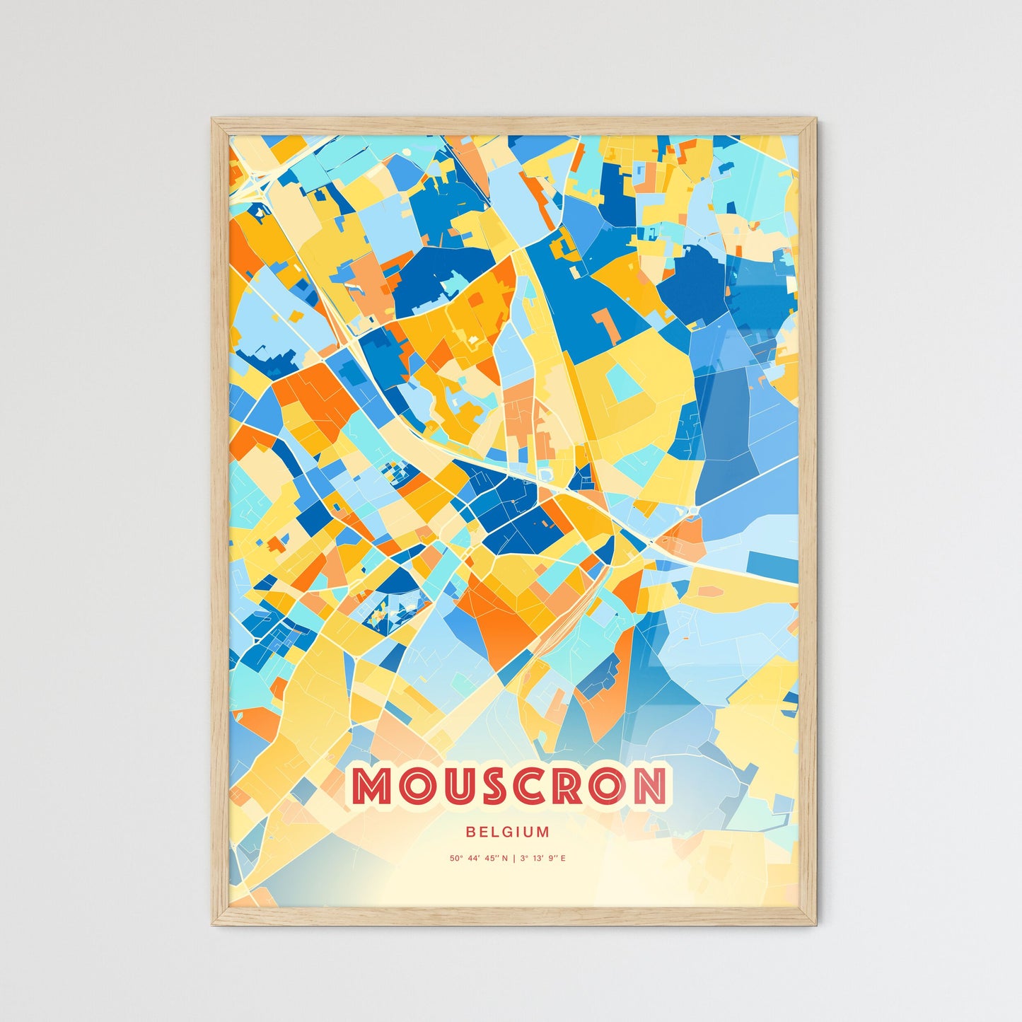 Colorful MOUSCRON BELGIUM Fine Art Map Blue Orange