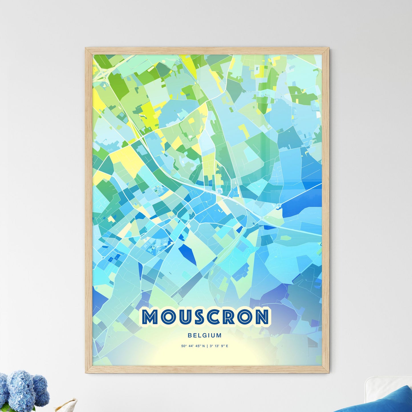 Colorful MOUSCRON BELGIUM Fine Art Map Cool Blue