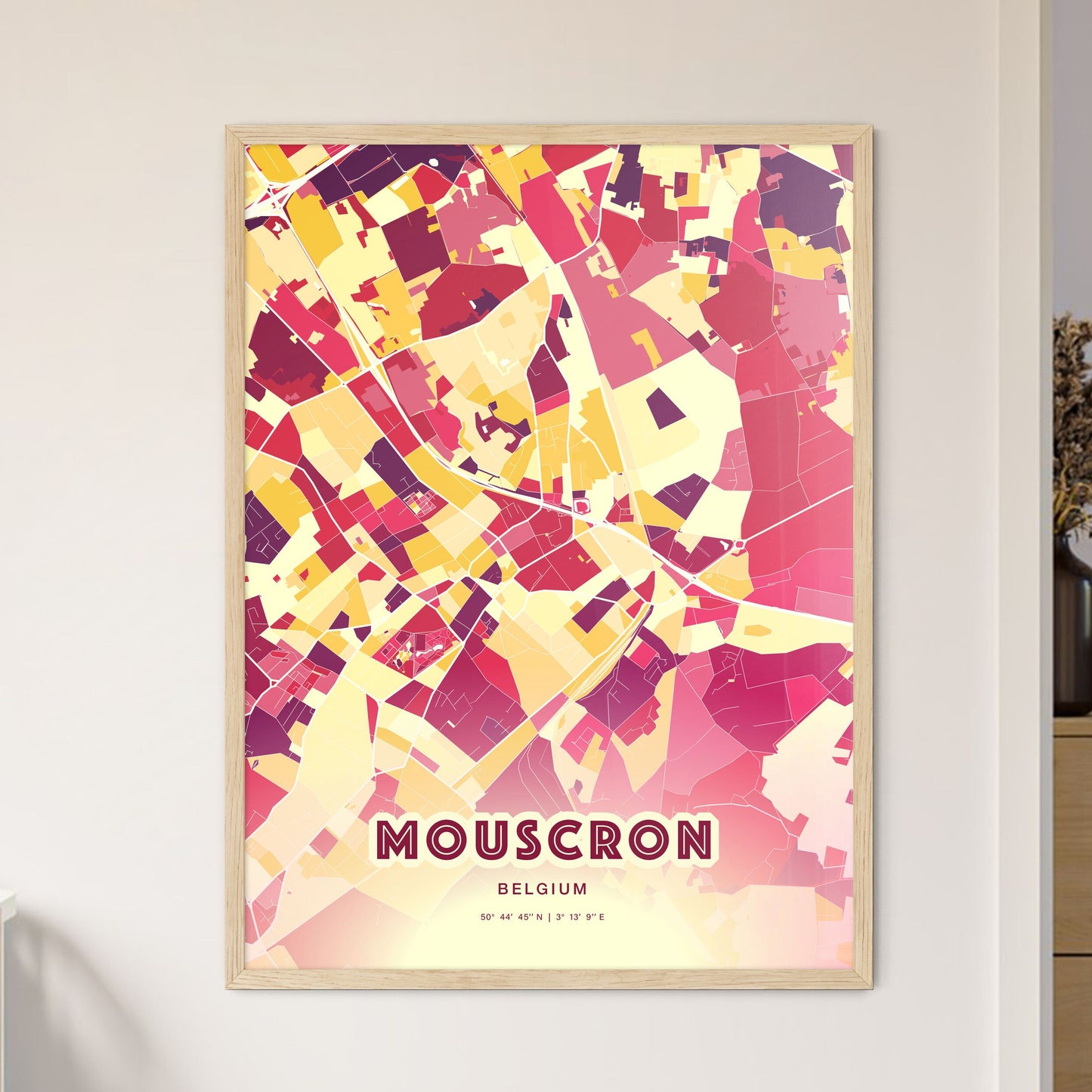 Colorful MOUSCRON BELGIUM Fine Art Map Hot Red