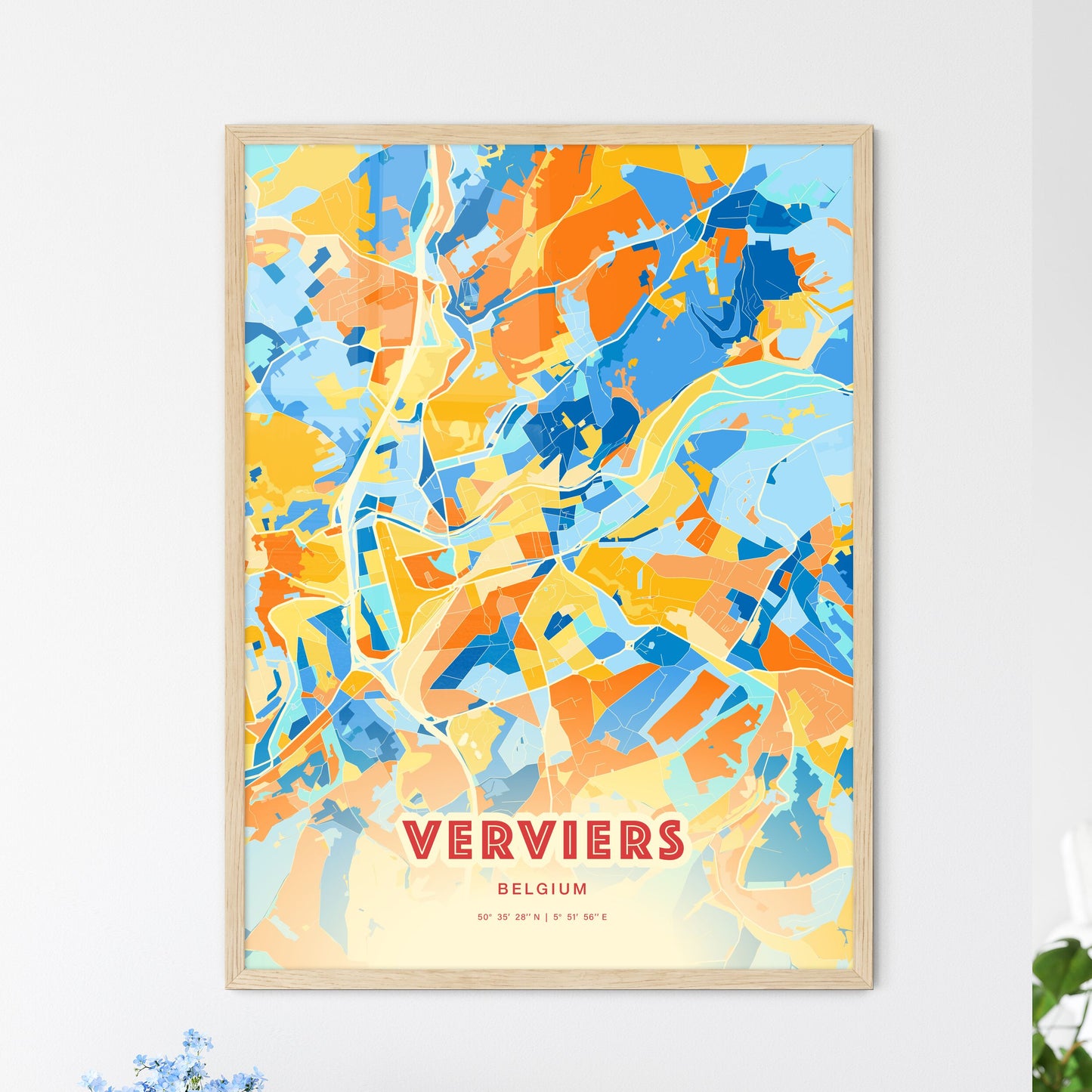 Colorful VERVIERS BELGIUM Fine Art Map Blue Orange