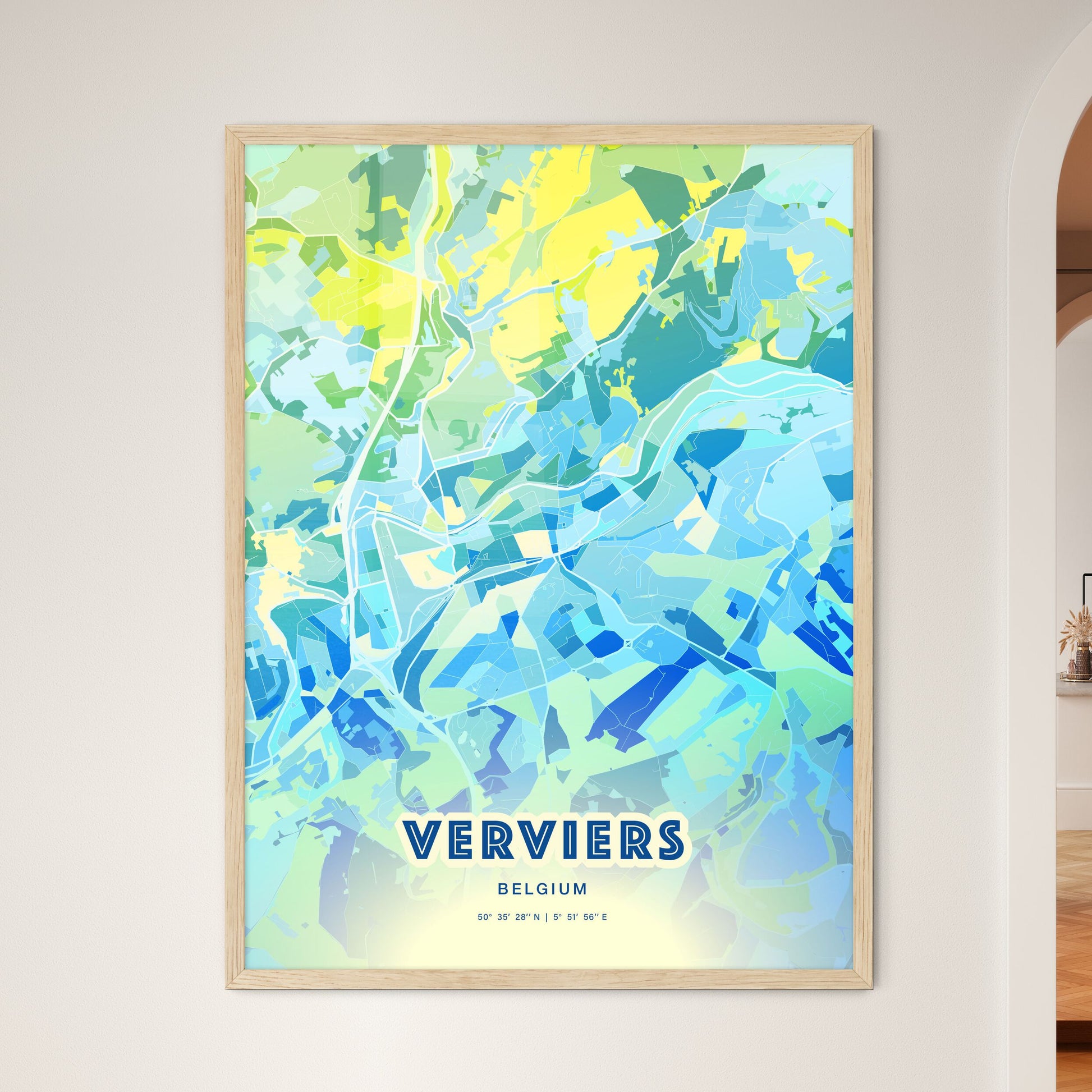 Colorful VERVIERS BELGIUM Fine Art Map Cool Blue