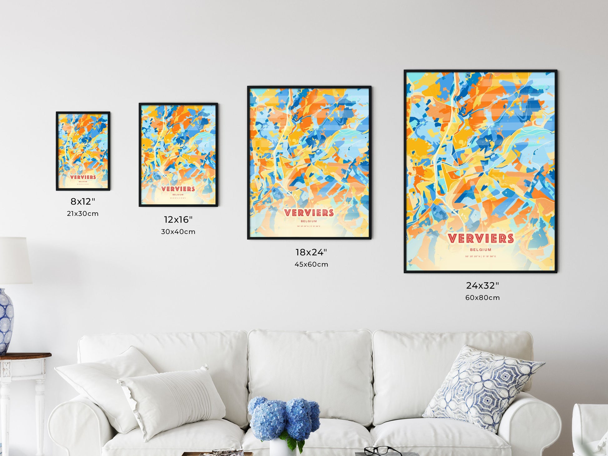 Colorful VERVIERS BELGIUM Fine Art Map Blue Orange