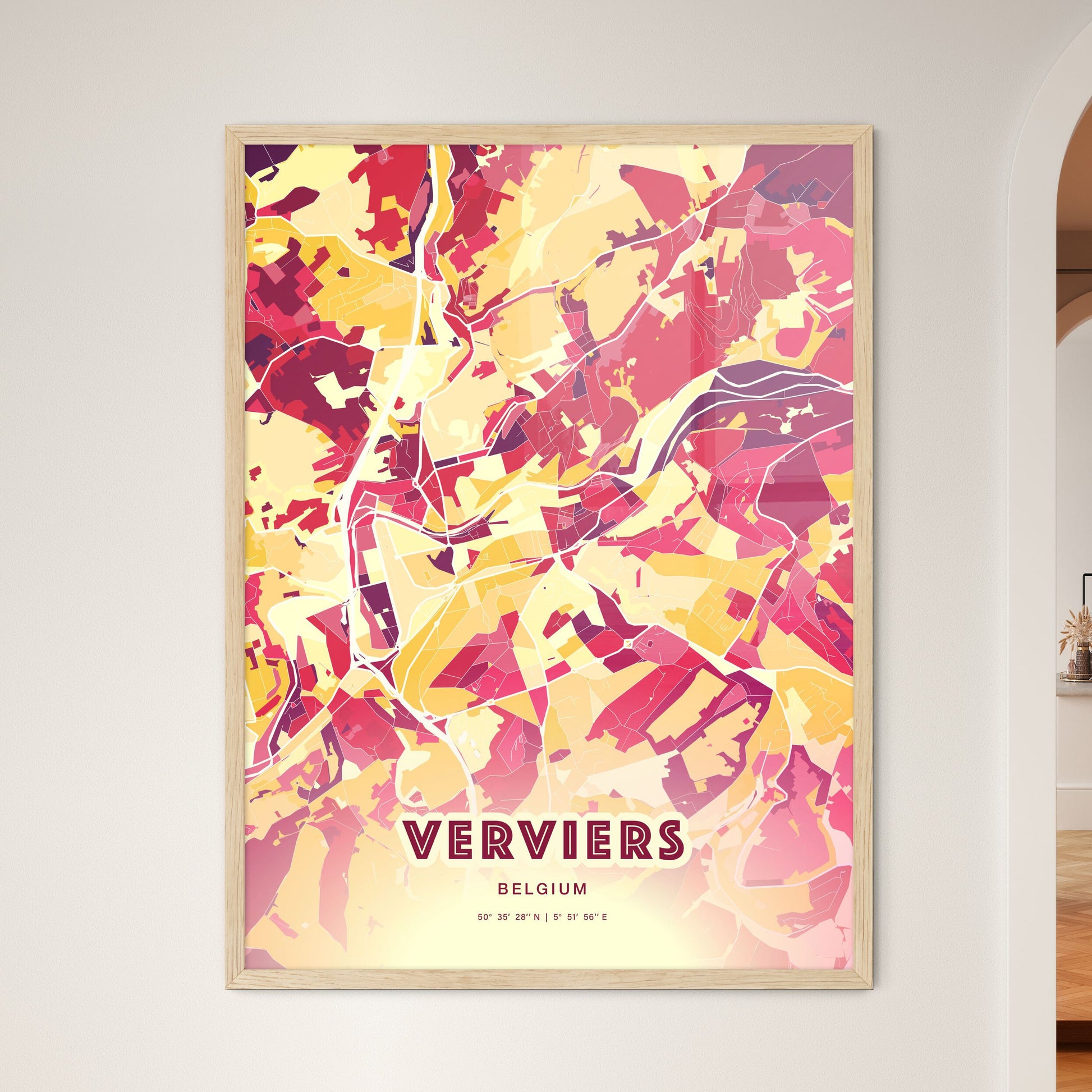 Colorful VERVIERS BELGIUM Fine Art Map Hot Red