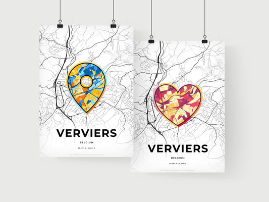 VERVIERS BELGIUM minimal art map with a colorful icon. Where it all began, Couple map gift.
