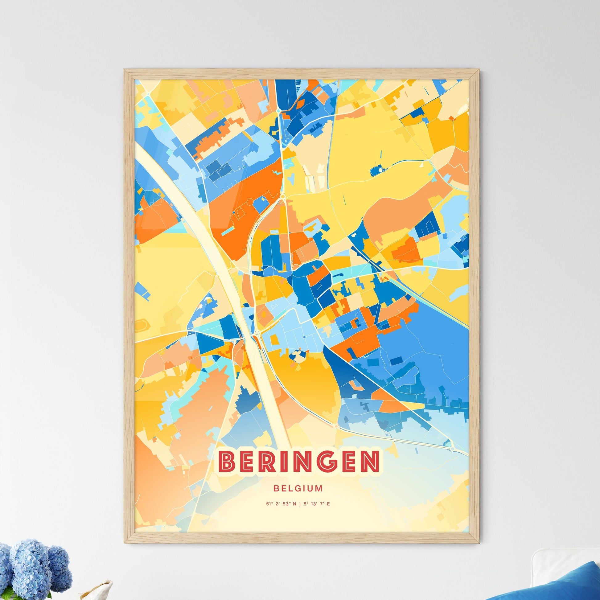 Colorful BERINGEN BELGIUM Fine Art Map Blue Orange