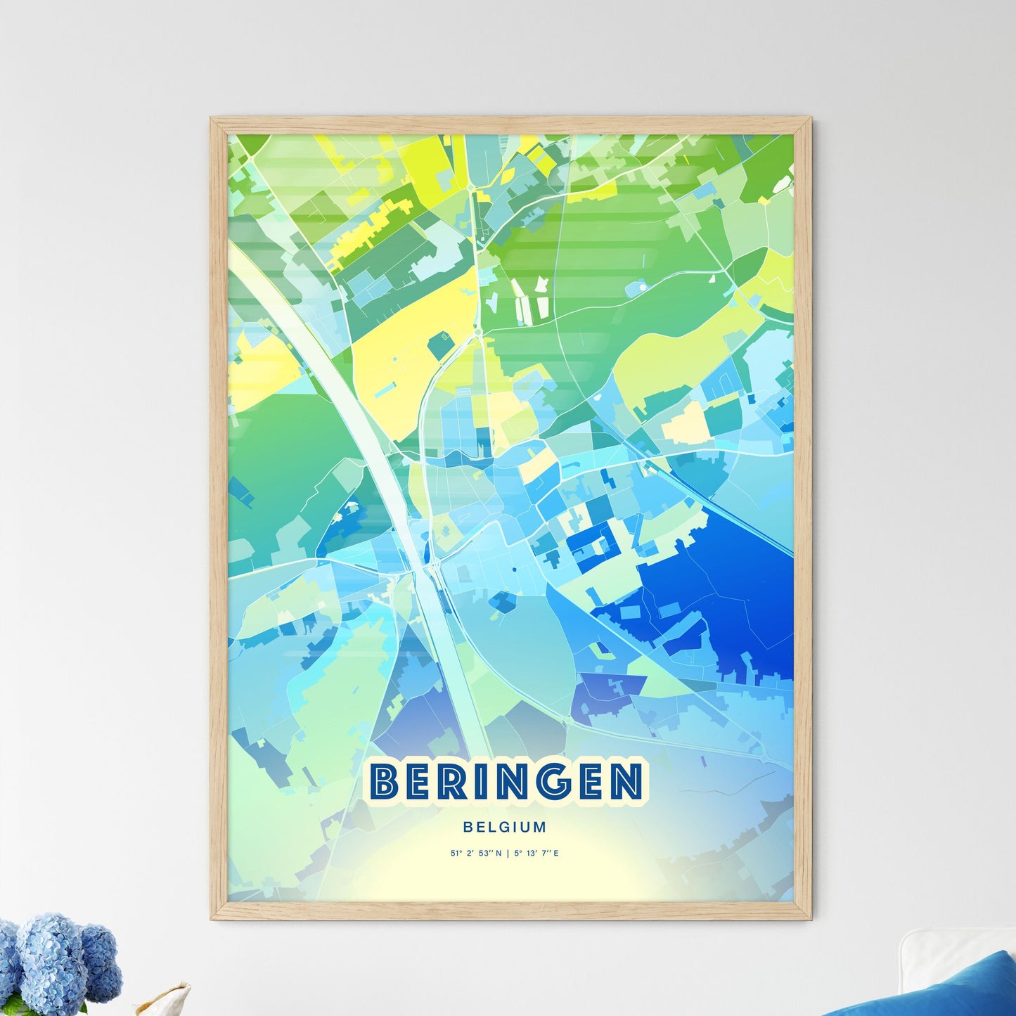 Colorful BERINGEN BELGIUM Fine Art Map Cool Blue