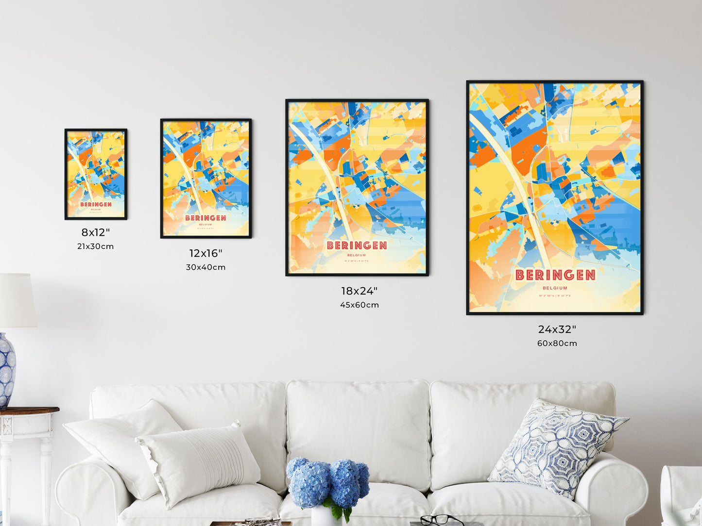 Colorful BERINGEN BELGIUM Fine Art Map Blue Orange