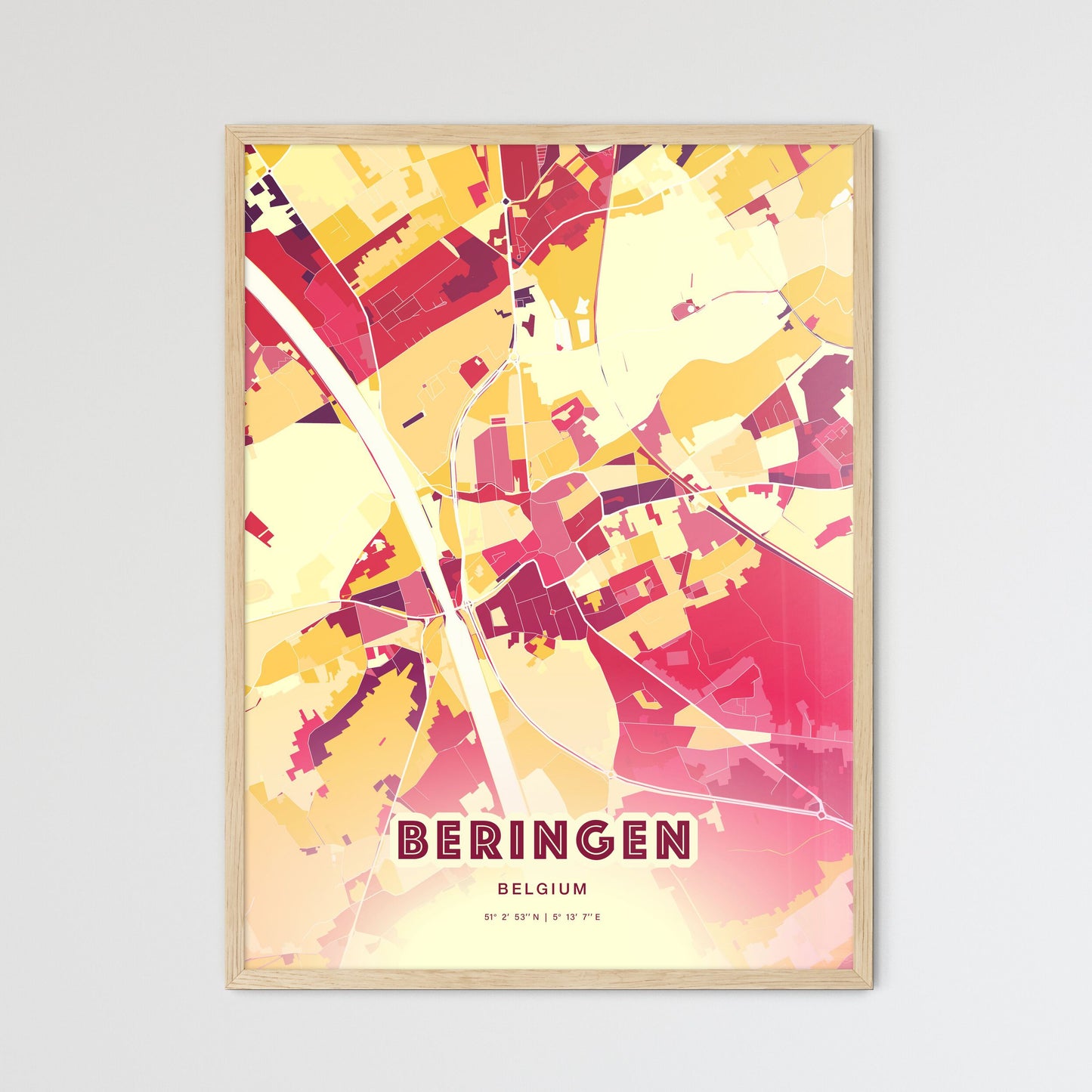 Colorful BERINGEN BELGIUM Fine Art Map Hot Red