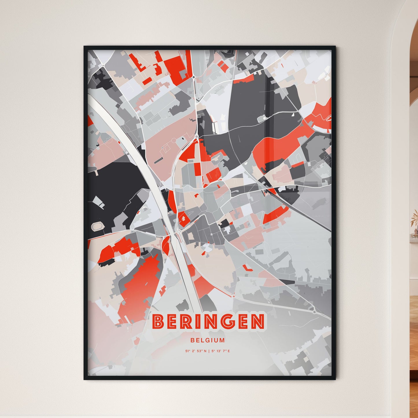 Colorful BERINGEN BELGIUM Fine Art Map Modern