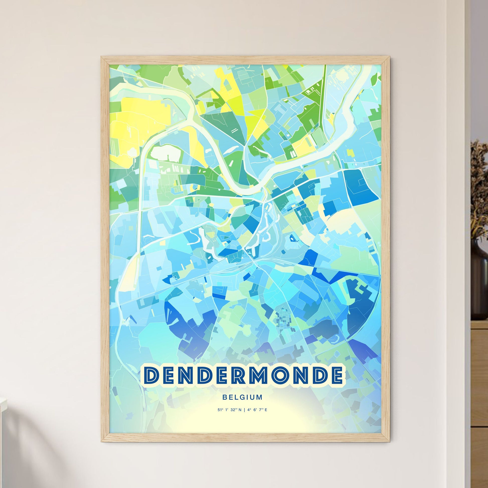 Colorful DENDERMONDE BELGIUM Fine Art Map Cool Blue