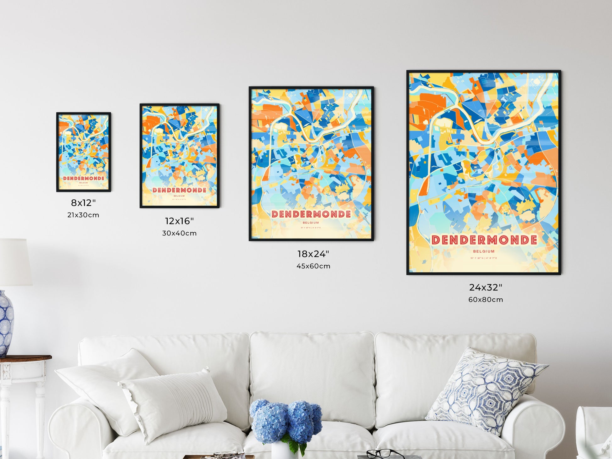 Colorful DENDERMONDE BELGIUM Fine Art Map Blue Orange