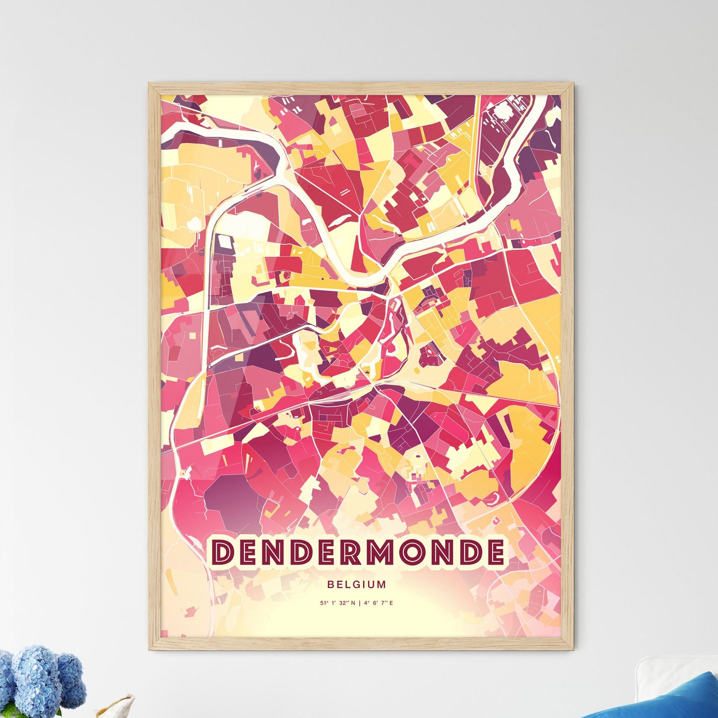 Colorful DENDERMONDE BELGIUM Fine Art Map Hot Red