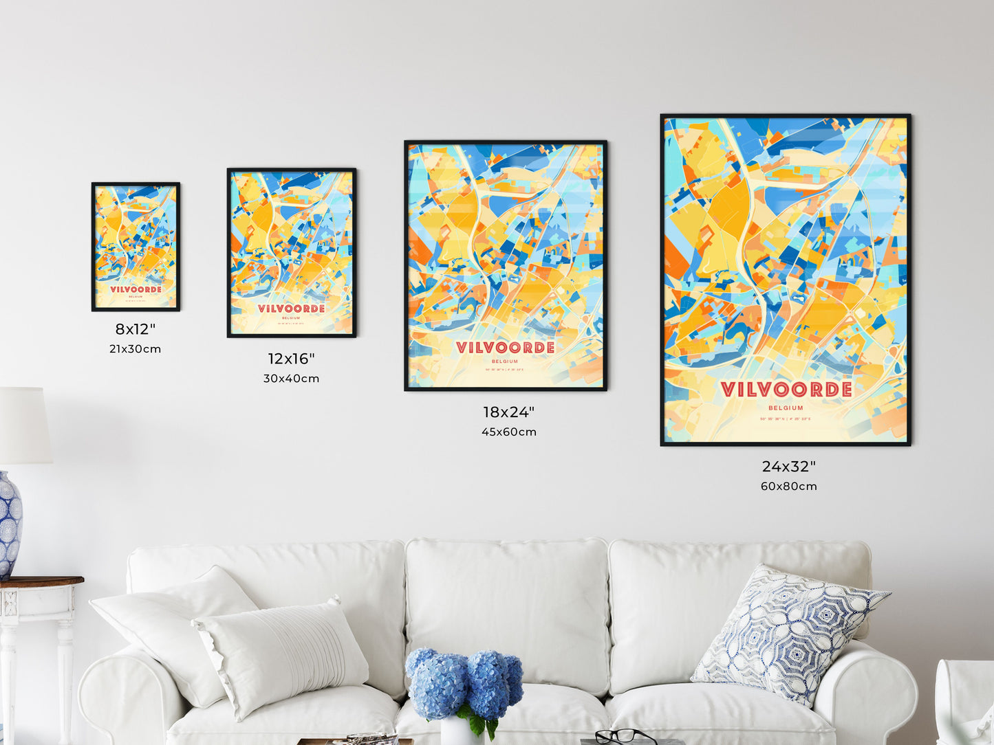 Colorful VILVOORDE BELGIUM Fine Art Map Blue Orange