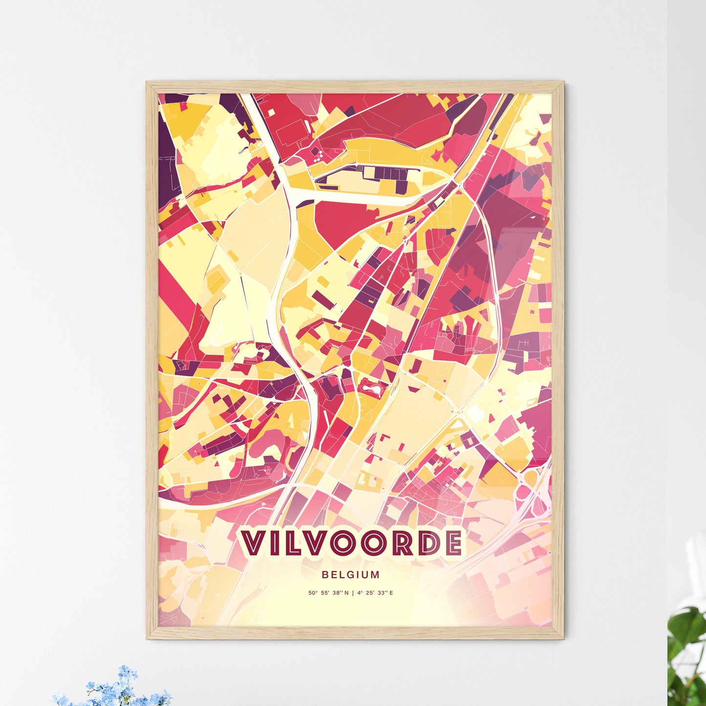 Colorful VILVOORDE BELGIUM Fine Art Map Hot Red