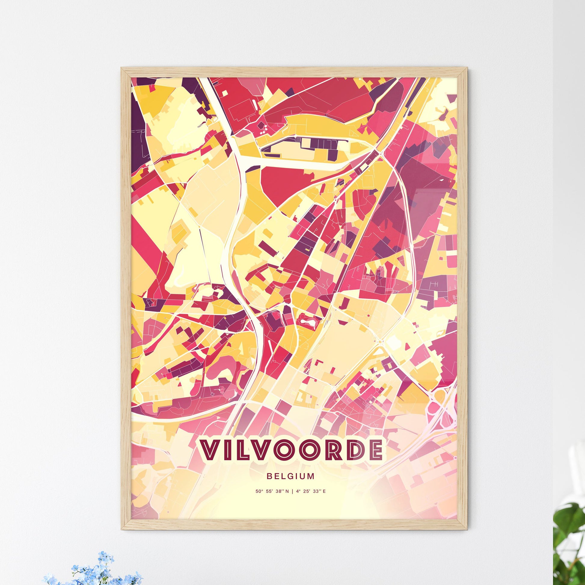 Colorful VILVOORDE BELGIUM Fine Art Map Hot Red