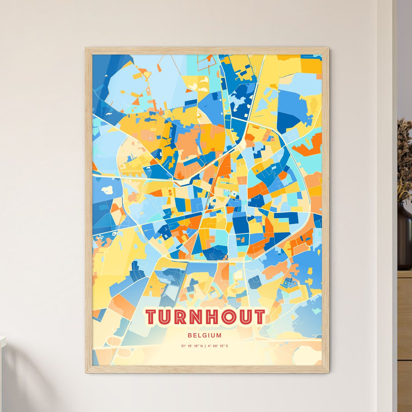 Colorful TURNHOUT BELGIUM Fine Art Map Blue Orange