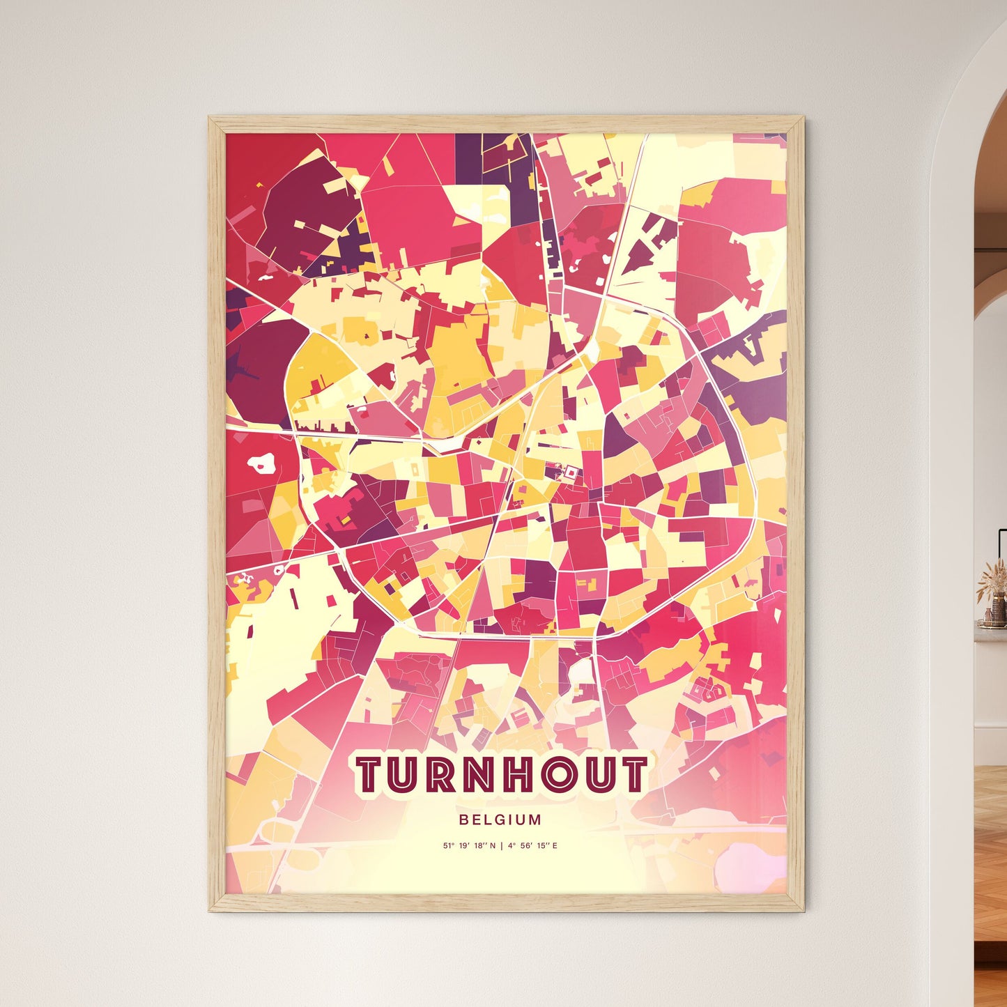 Colorful TURNHOUT BELGIUM Fine Art Map Hot Red