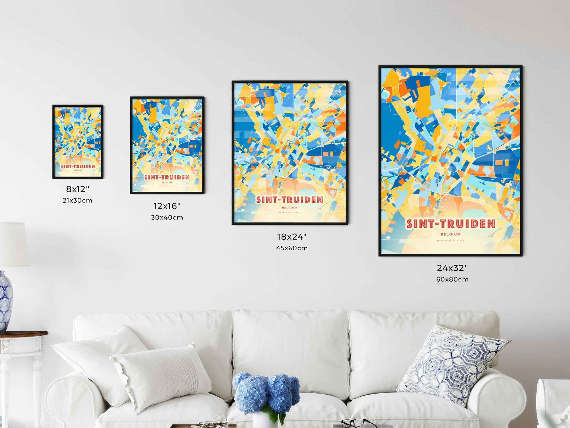 Colorful SINT-TRUIDEN BELGIUM Fine Art Map Blue Orange