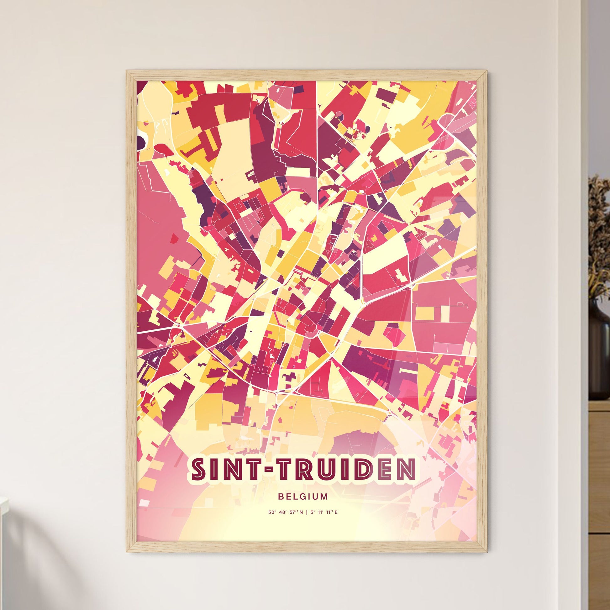 Colorful SINT-TRUIDEN BELGIUM Fine Art Map Hot Red