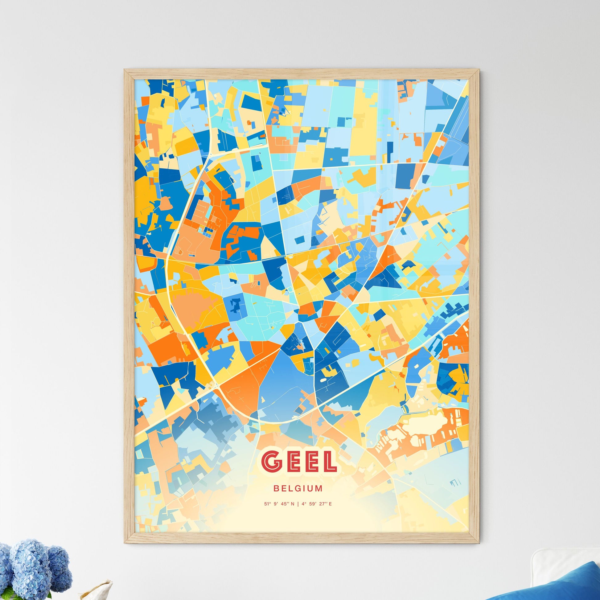 Colorful GEEL BELGIUM Fine Art Map Blue Orange