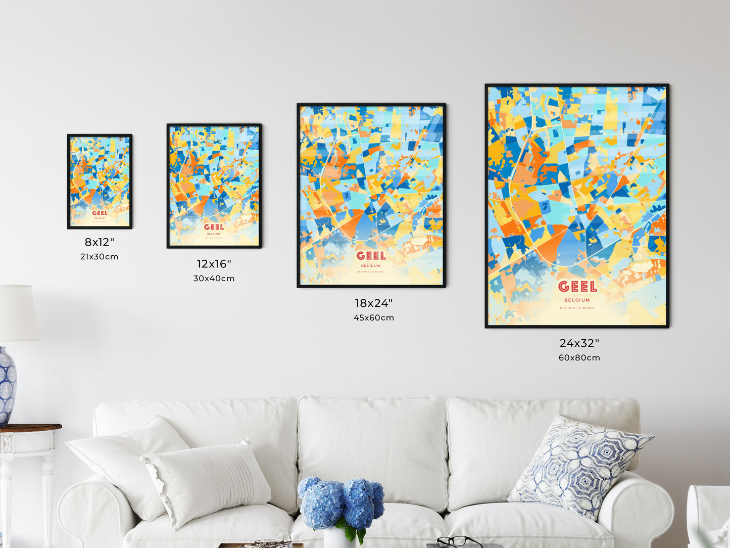 Colorful GEEL BELGIUM Fine Art Map Blue Orange