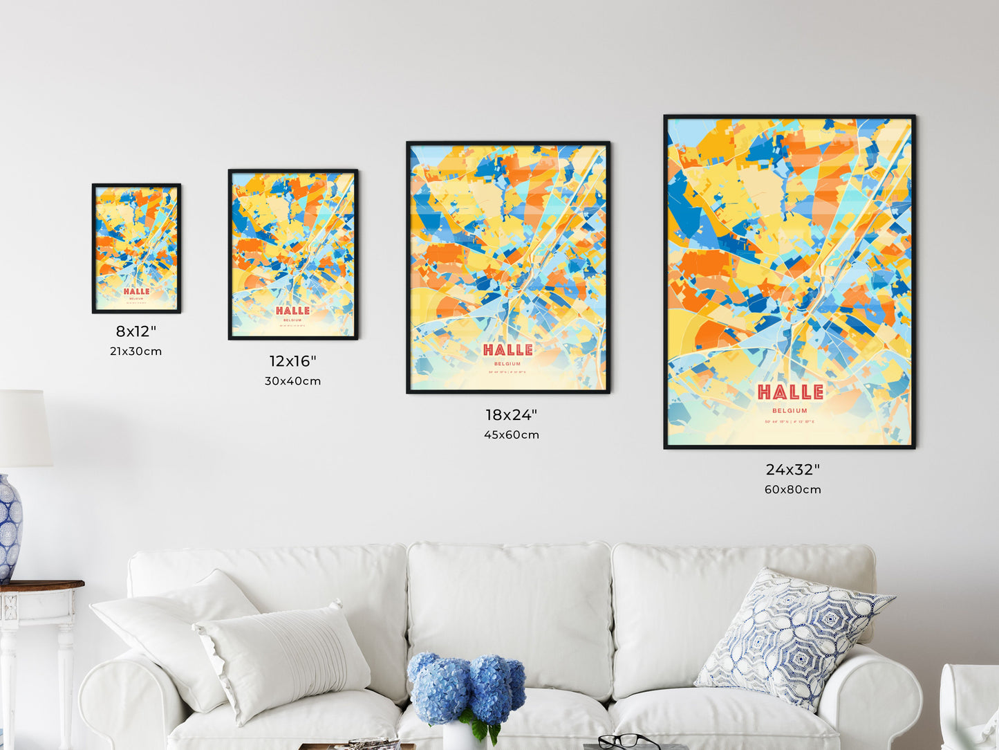 Colorful HALLE BELGIUM Fine Art Map Blue Orange