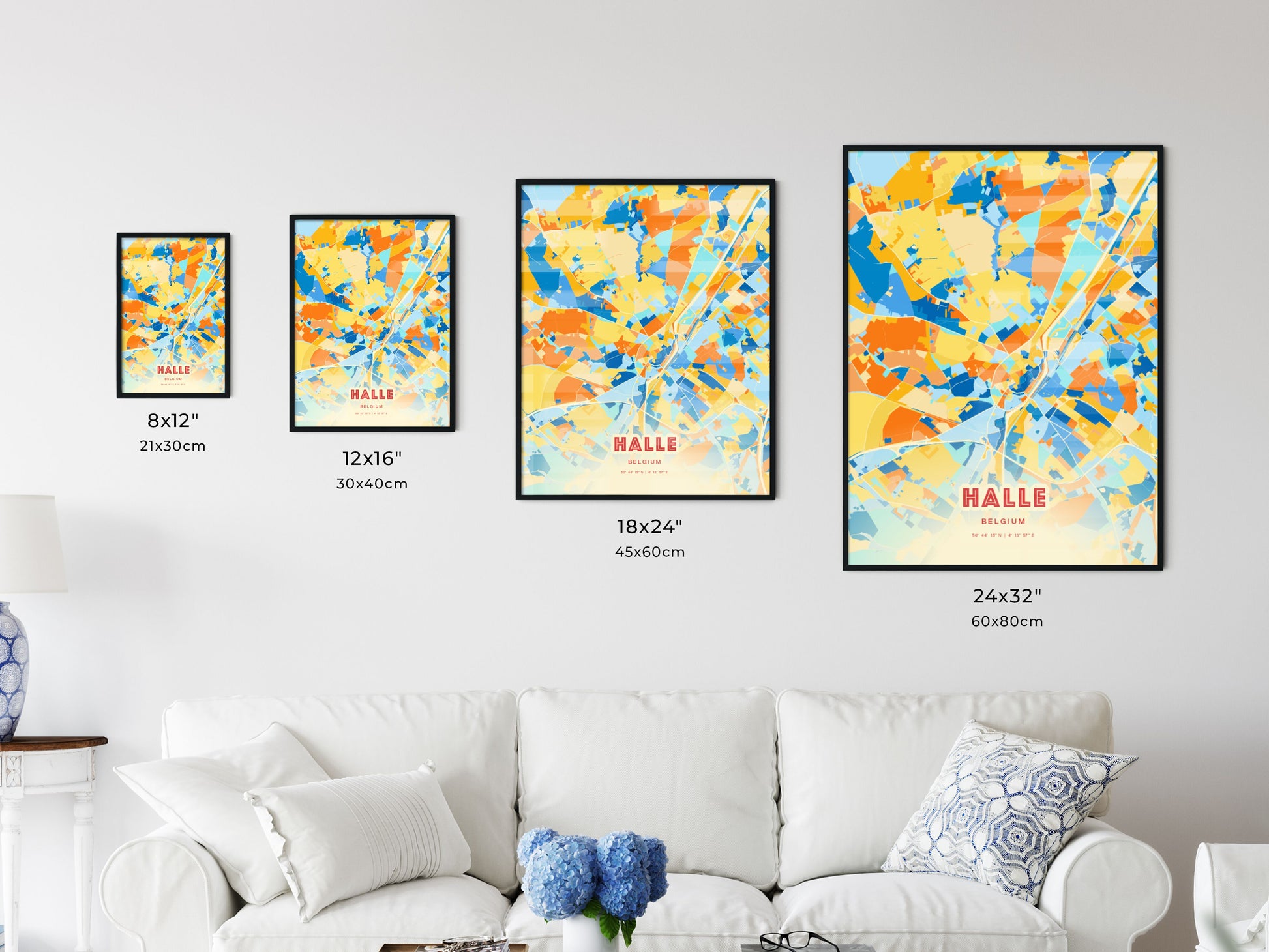 Colorful HALLE BELGIUM Fine Art Map Blue Orange