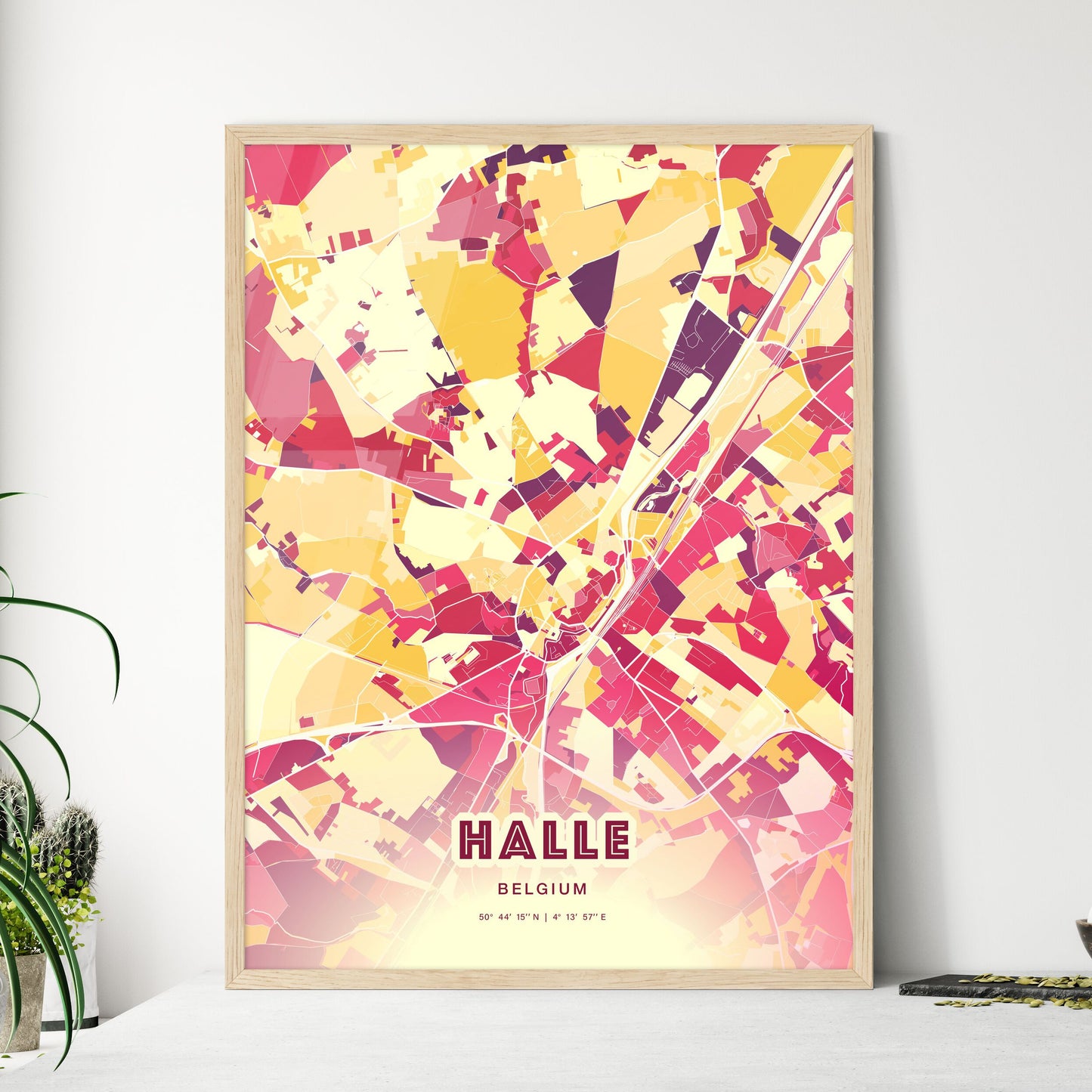 Colorful HALLE BELGIUM Fine Art Map Hot Red