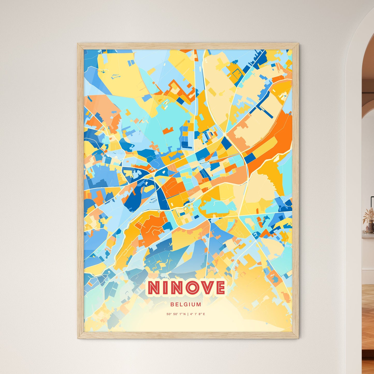 Colorful NINOVE BELGIUM Fine Art Map Blue Orange