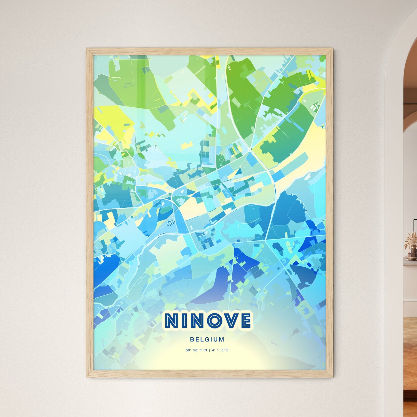 Colorful NINOVE BELGIUM Fine Art Map Cool Blue