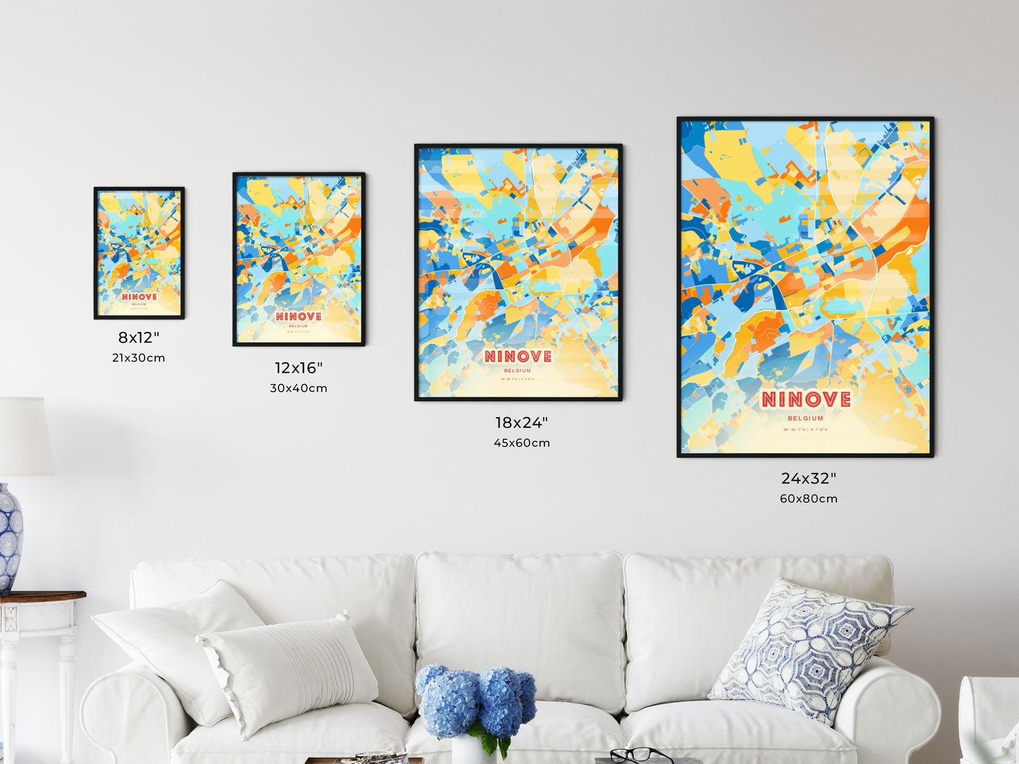 Colorful NINOVE BELGIUM Fine Art Map Blue Orange